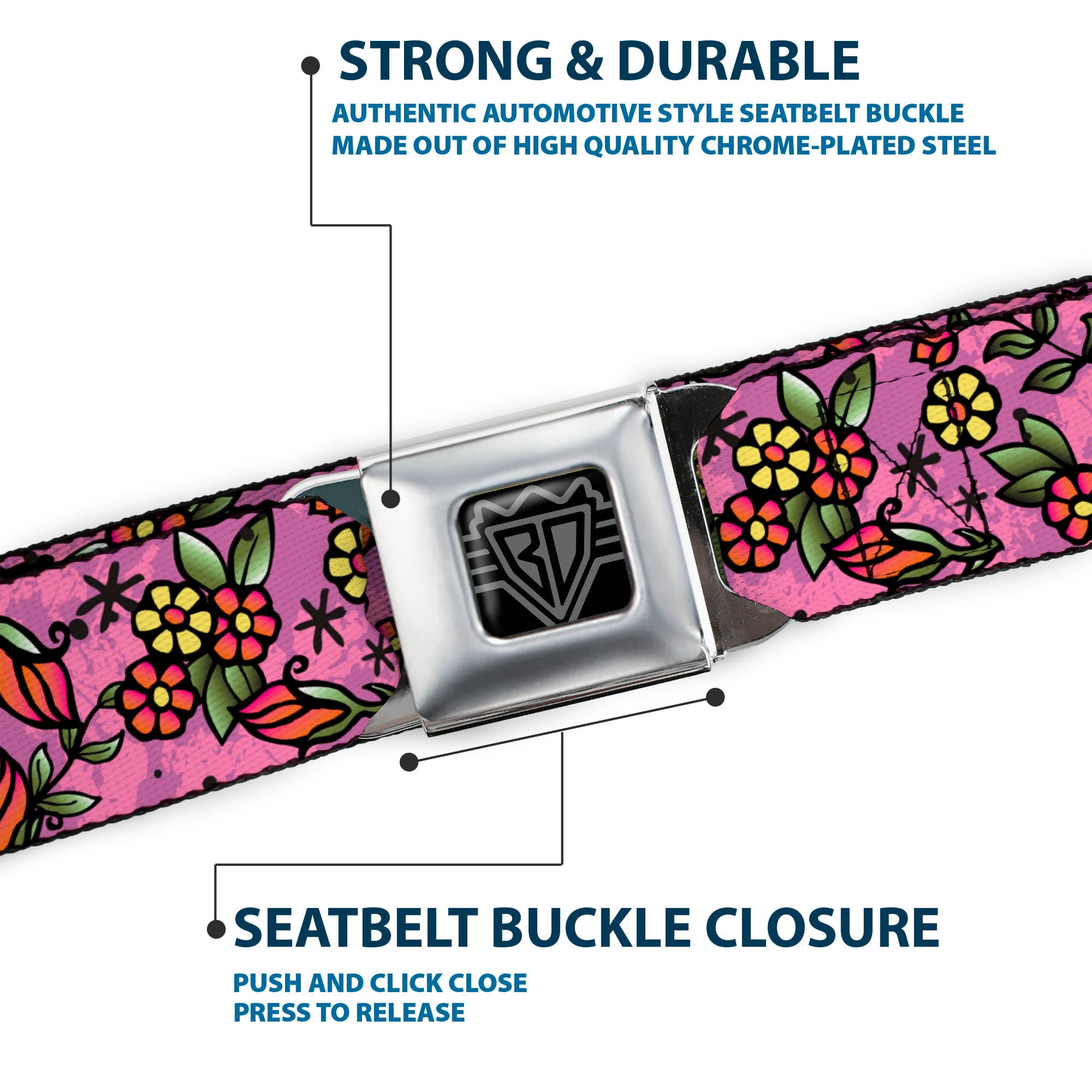 BD Wings Logo CLOSE-UP Full Color Black Silver Seatbelt Belt - Born to Blossom CLOSE-UP Pink Webbing Seatbelt Belts Buckle-Down