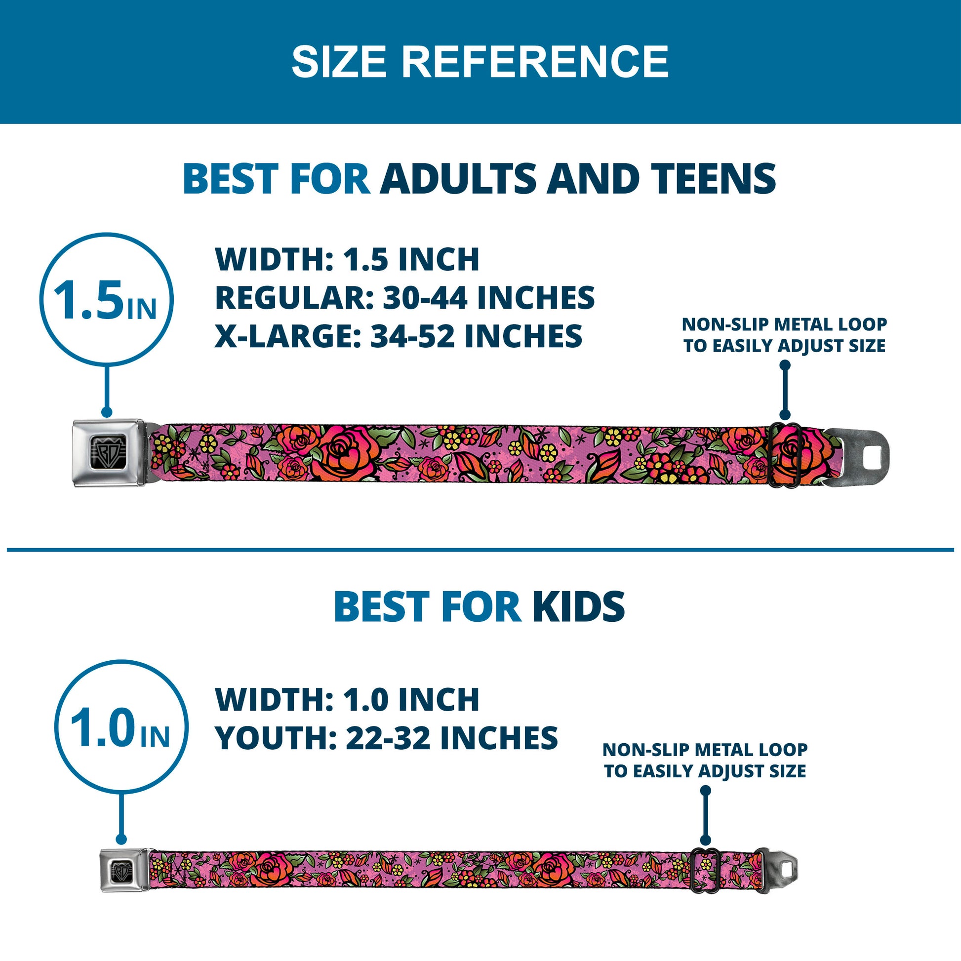 BD Wings Logo CLOSE-UP Full Color Black Silver Seatbelt Belt - Born to Blossom CLOSE-UP Pink Webbing Seatbelt Belts Buckle-Down