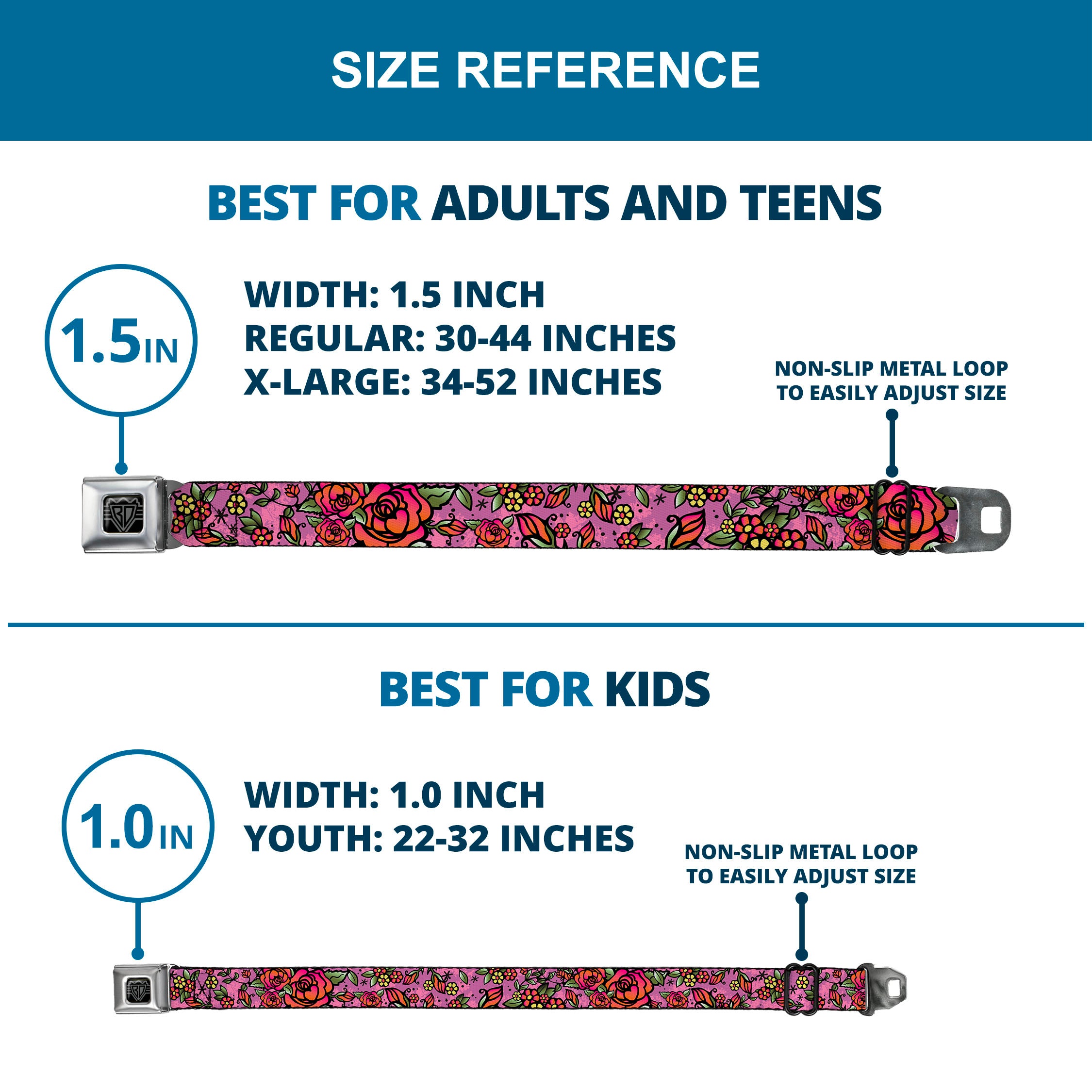 BD Wings Logo CLOSE-UP Full Color Black Silver Seatbelt Belt - Born to Blossom CLOSE-UP Pink Webbing Seatbelt Belts Buckle-Down