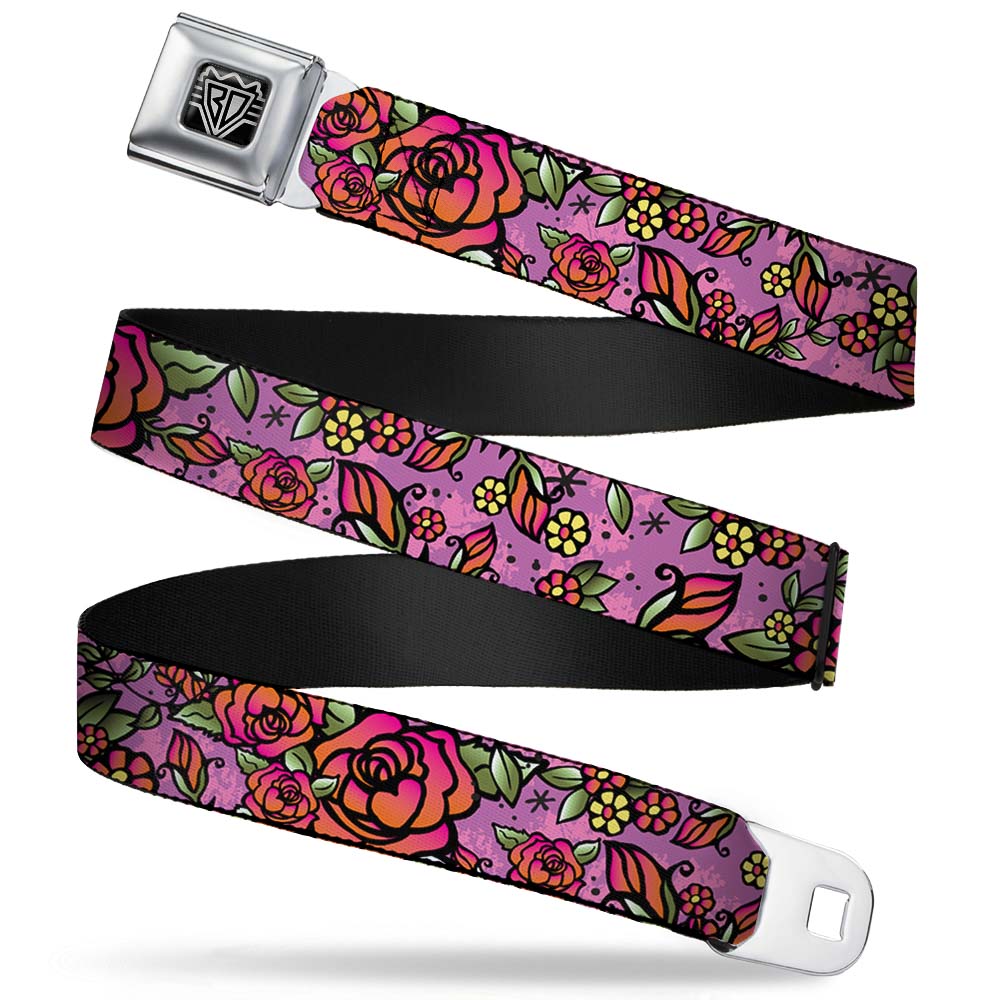 BD Wings Logo CLOSE-UP Full Color Black Silver Seatbelt Belt - Born to Blossom CLOSE-UP Pink Webbing Seatbelt Belts Buckle-Down