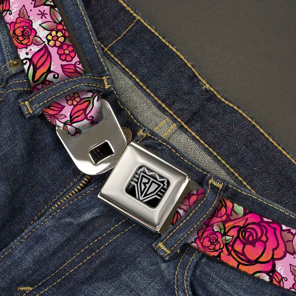 BD Wings Logo CLOSE-UP Full Color Black Silver Seatbelt Belt - Born to Blossom CLOSE-UP White Webbing Seatbelt Belts Buckle-Down