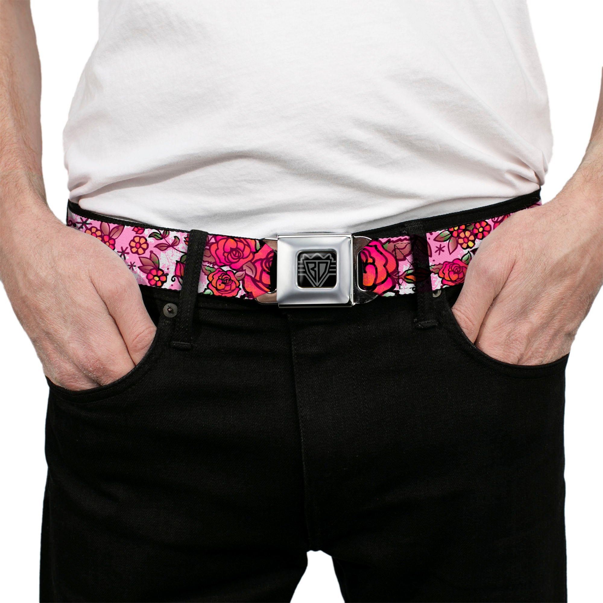 BD Wings Logo CLOSE-UP Full Color Black Silver Seatbelt Belt - Born to Blossom CLOSE-UP White Webbing Seatbelt Belts Buckle-Down