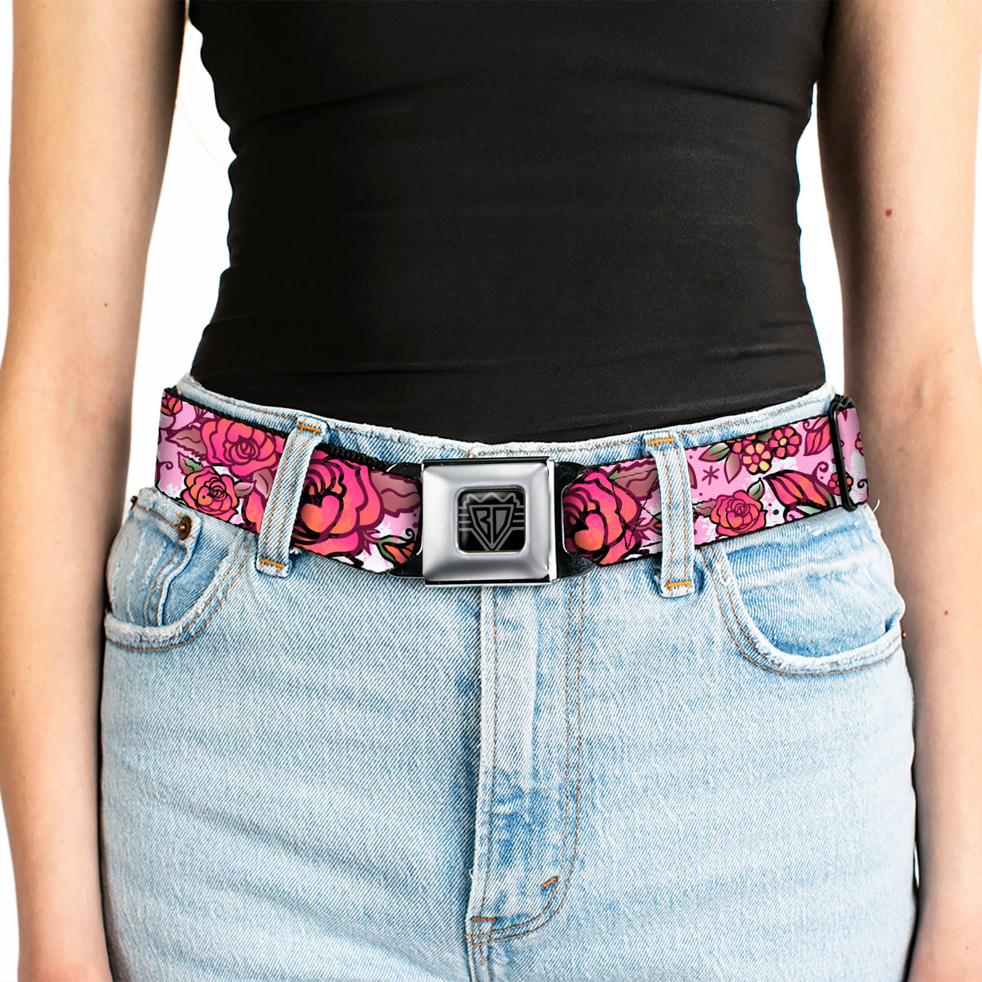 BD Wings Logo CLOSE-UP Full Color Black Silver Seatbelt Belt - Born to Blossom CLOSE-UP White Webbing Seatbelt Belts Buckle-Down