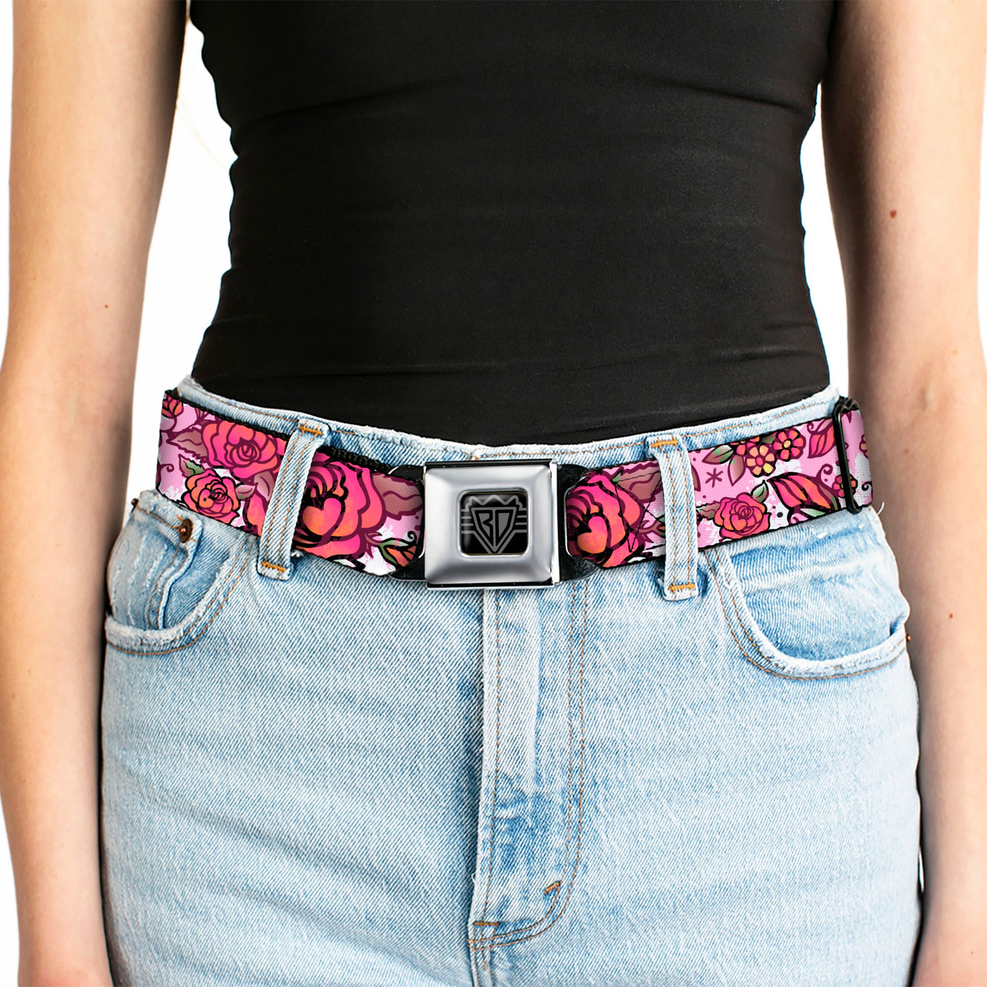 BD Wings Logo CLOSE-UP Full Color Black Silver Seatbelt Belt - Born to Blossom CLOSE-UP White Webbing Seatbelt Belts Buckle-Down