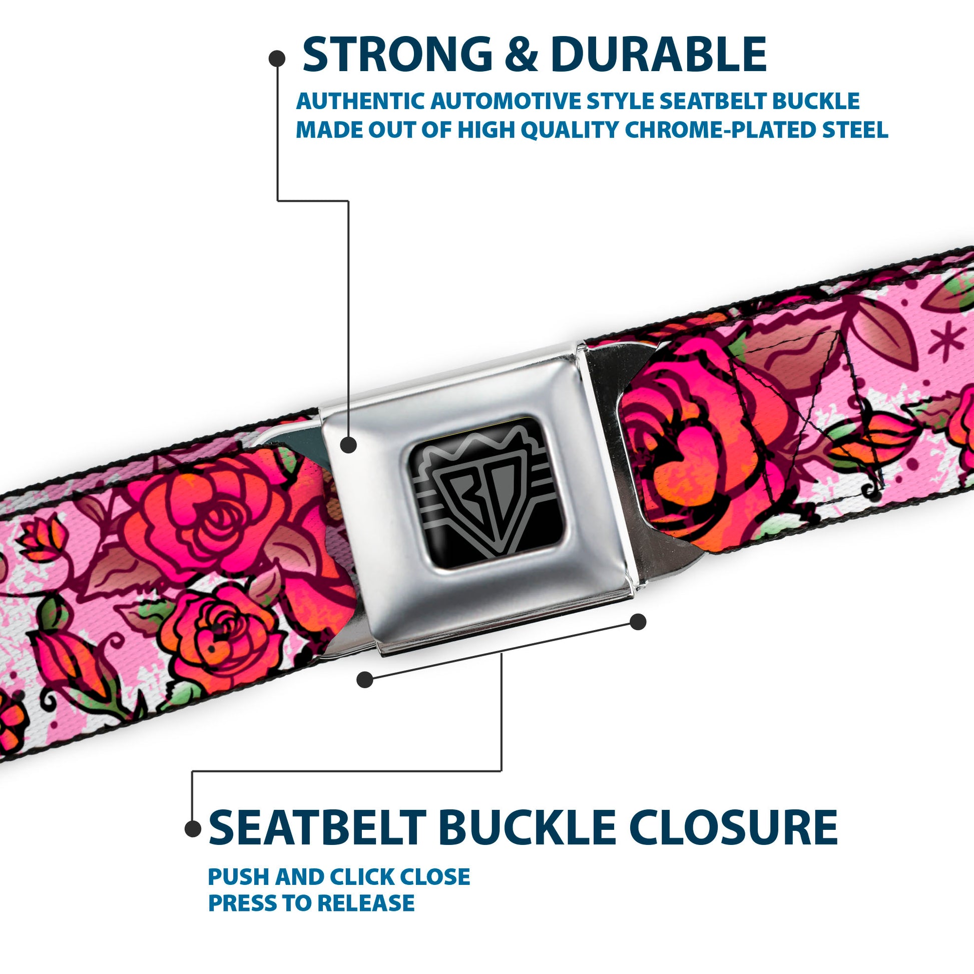 BD Wings Logo CLOSE-UP Full Color Black Silver Seatbelt Belt - Born to Blossom CLOSE-UP White Webbing Seatbelt Belts Buckle-Down
