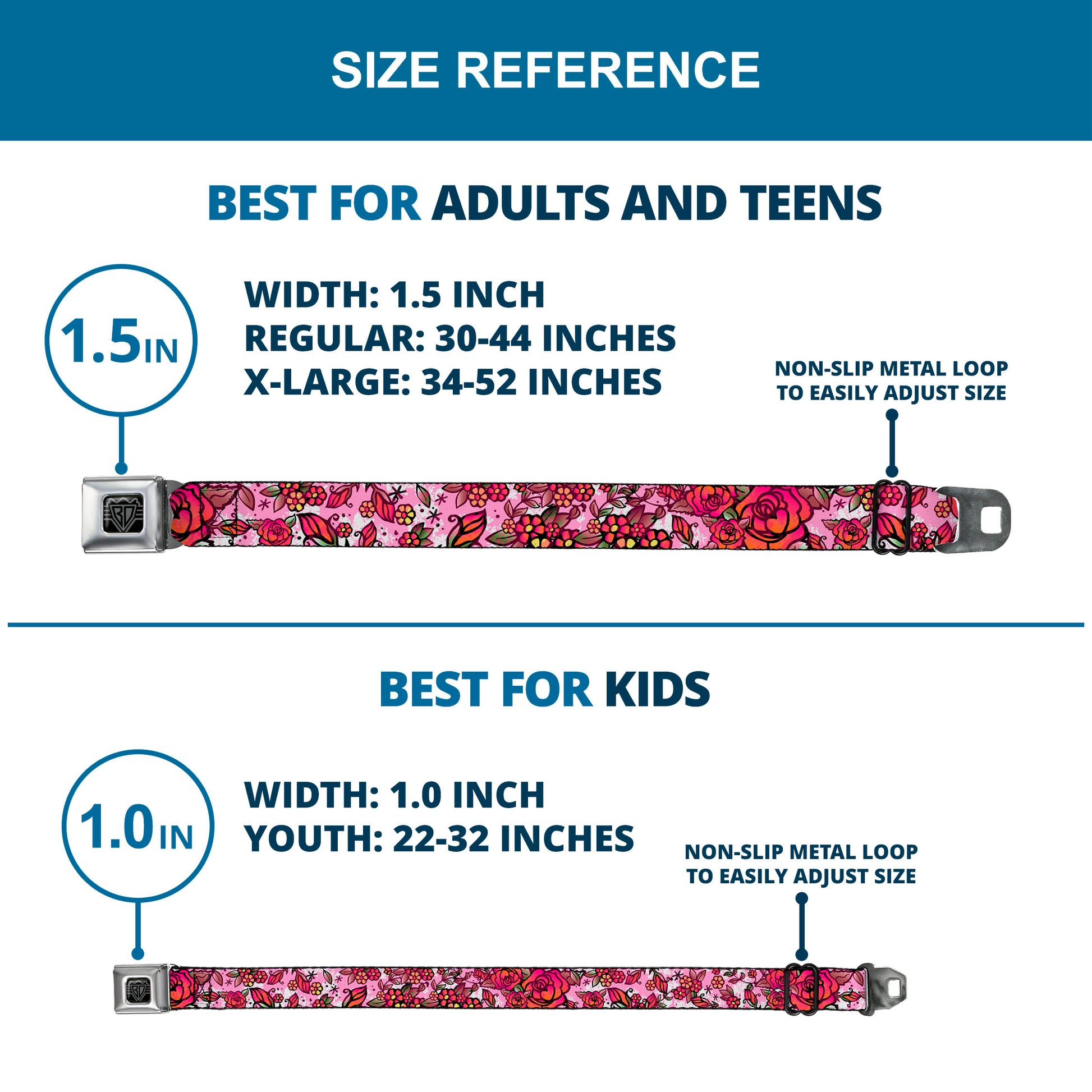 BD Wings Logo CLOSE-UP Full Color Black Silver Seatbelt Belt - Born to Blossom CLOSE-UP White Webbing Seatbelt Belts Buckle-Down