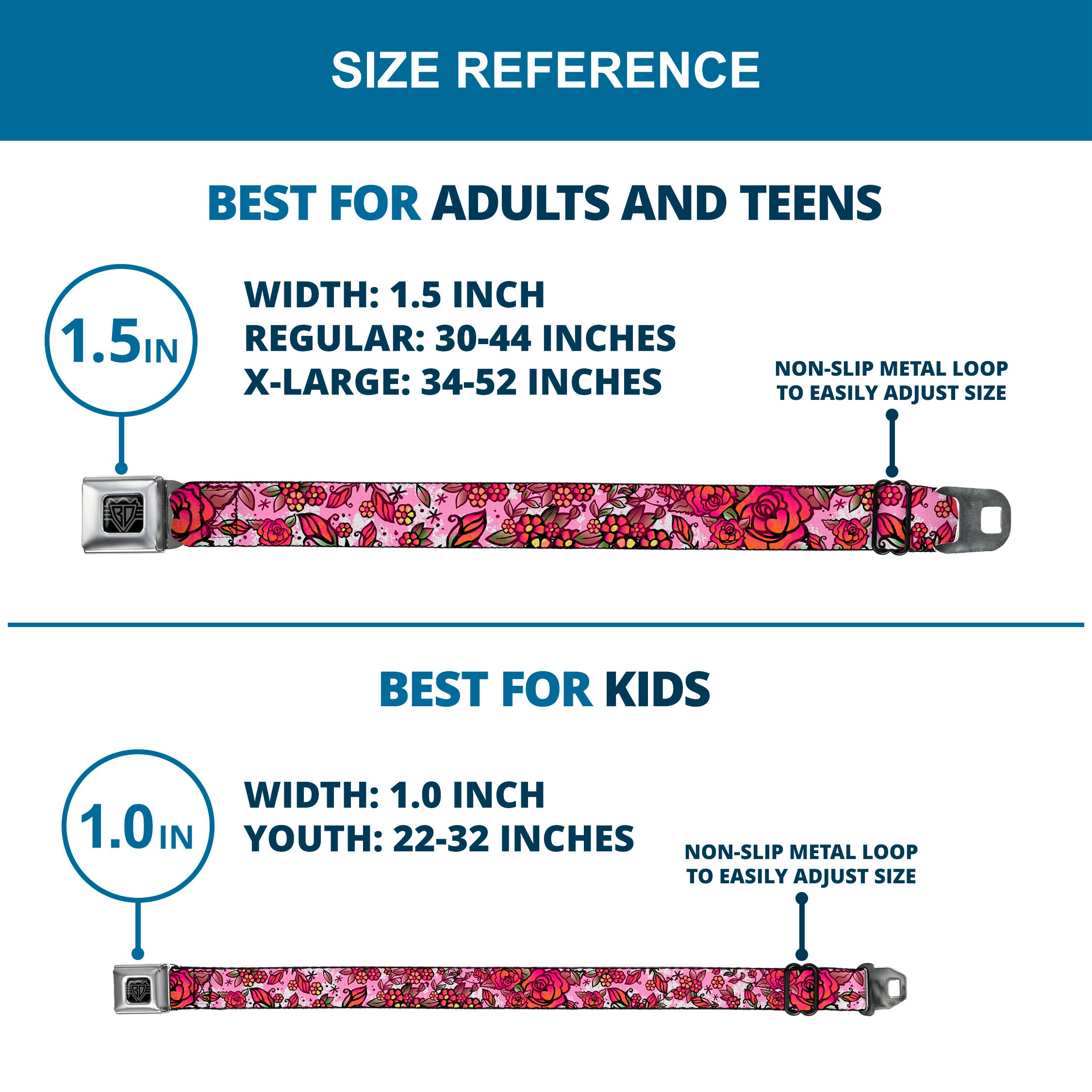 BD Wings Logo CLOSE-UP Full Color Black Silver Seatbelt Belt - Born to Blossom CLOSE-UP White Webbing Seatbelt Belts Buckle-Down