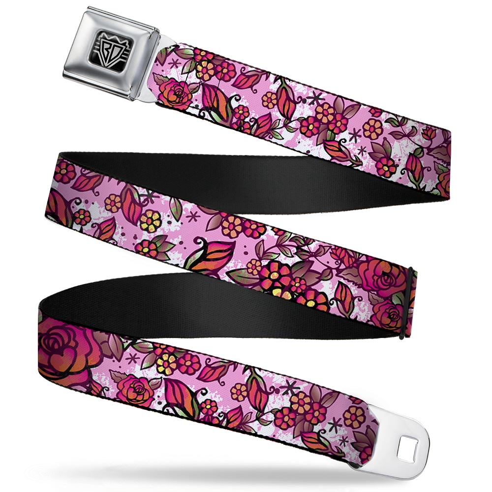BD Wings Logo CLOSE-UP Full Color Black Silver Seatbelt Belt - Born to Blossom CLOSE-UP White Webbing Seatbelt Belts Buckle-Down