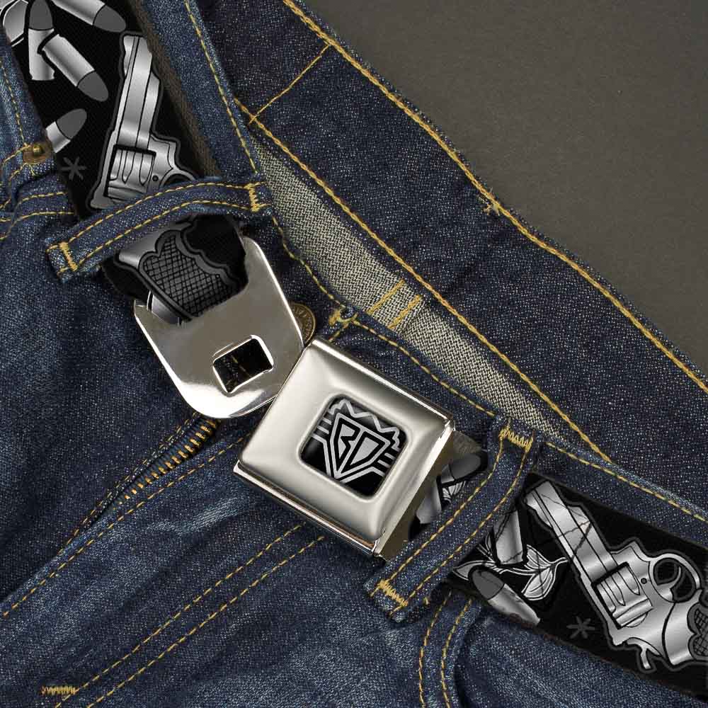 BD Wings Logo CLOSE-UP Full Color Black Silver Seatbelt Belt - Born to Raise Hell Black/White Webbing Seatbelt Belts Buckle-Down