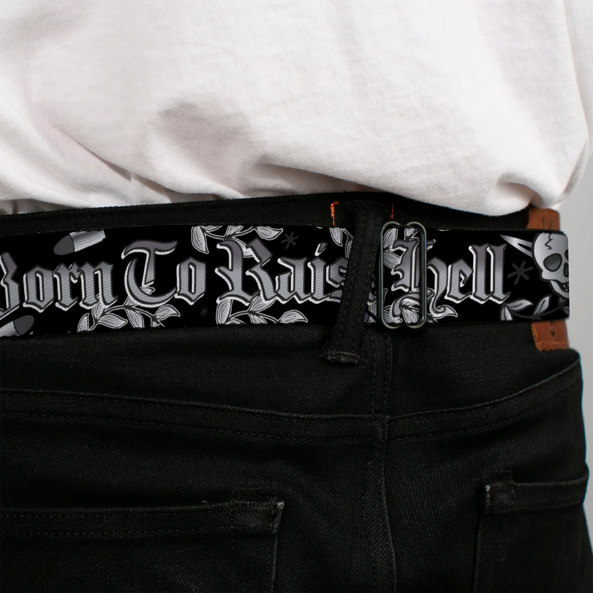 BD Wings Logo CLOSE-UP Full Color Black Silver Seatbelt Belt - Born to Raise Hell Black/White Webbing Seatbelt Belts Buckle-Down