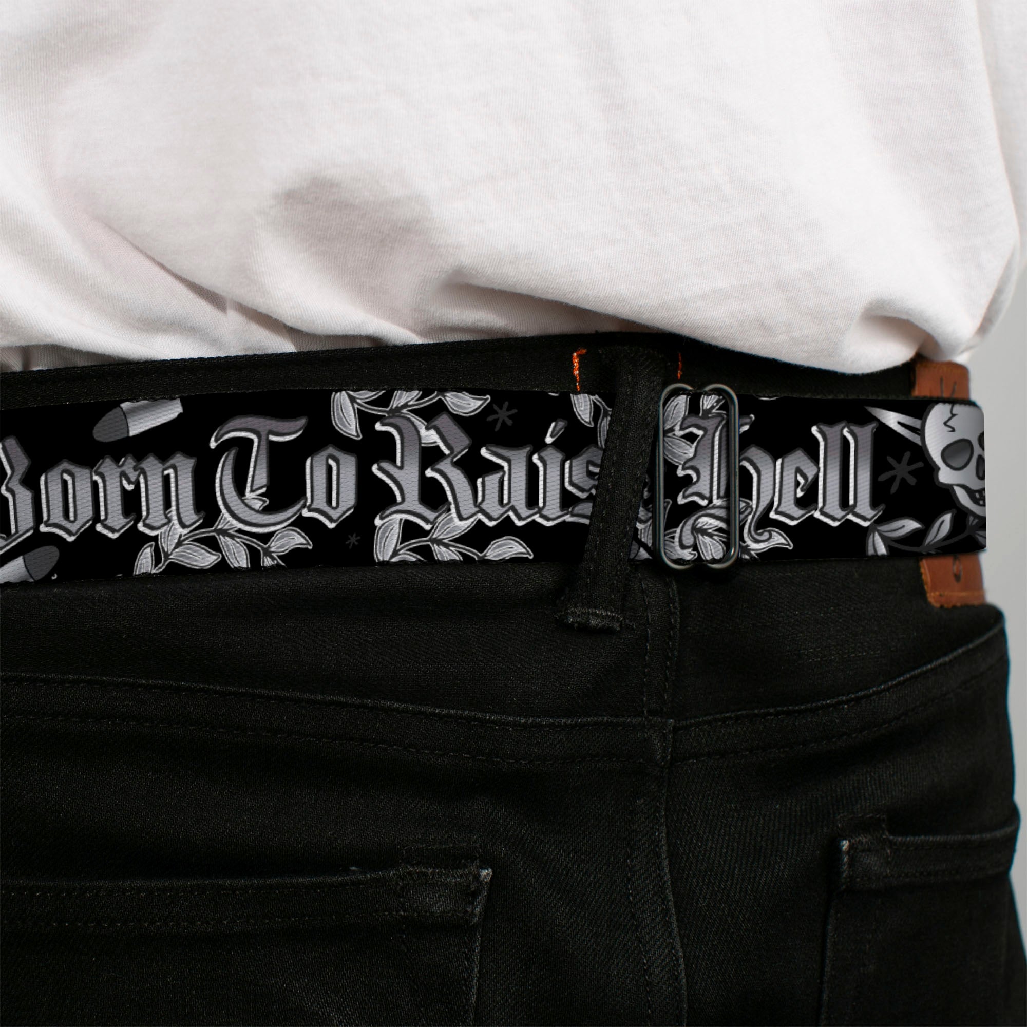 BD Wings Logo CLOSE-UP Full Color Black Silver Seatbelt Belt - Born to Raise Hell Black/White Webbing Seatbelt Belts Buckle-Down