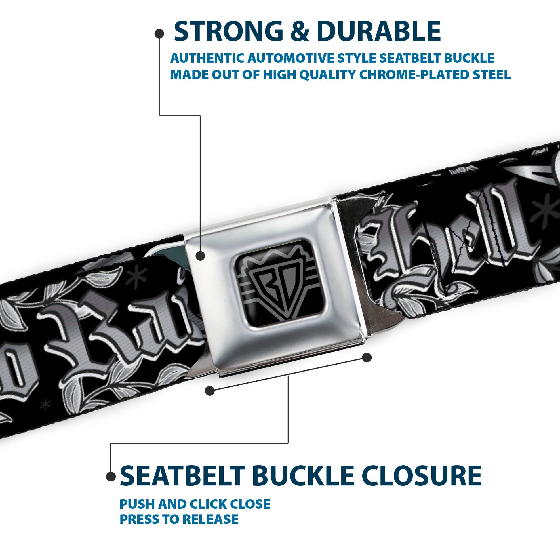 BD Wings Logo CLOSE-UP Full Color Black Silver Seatbelt Belt - Born to Raise Hell Black/White Webbing Seatbelt Belts Buckle-Down