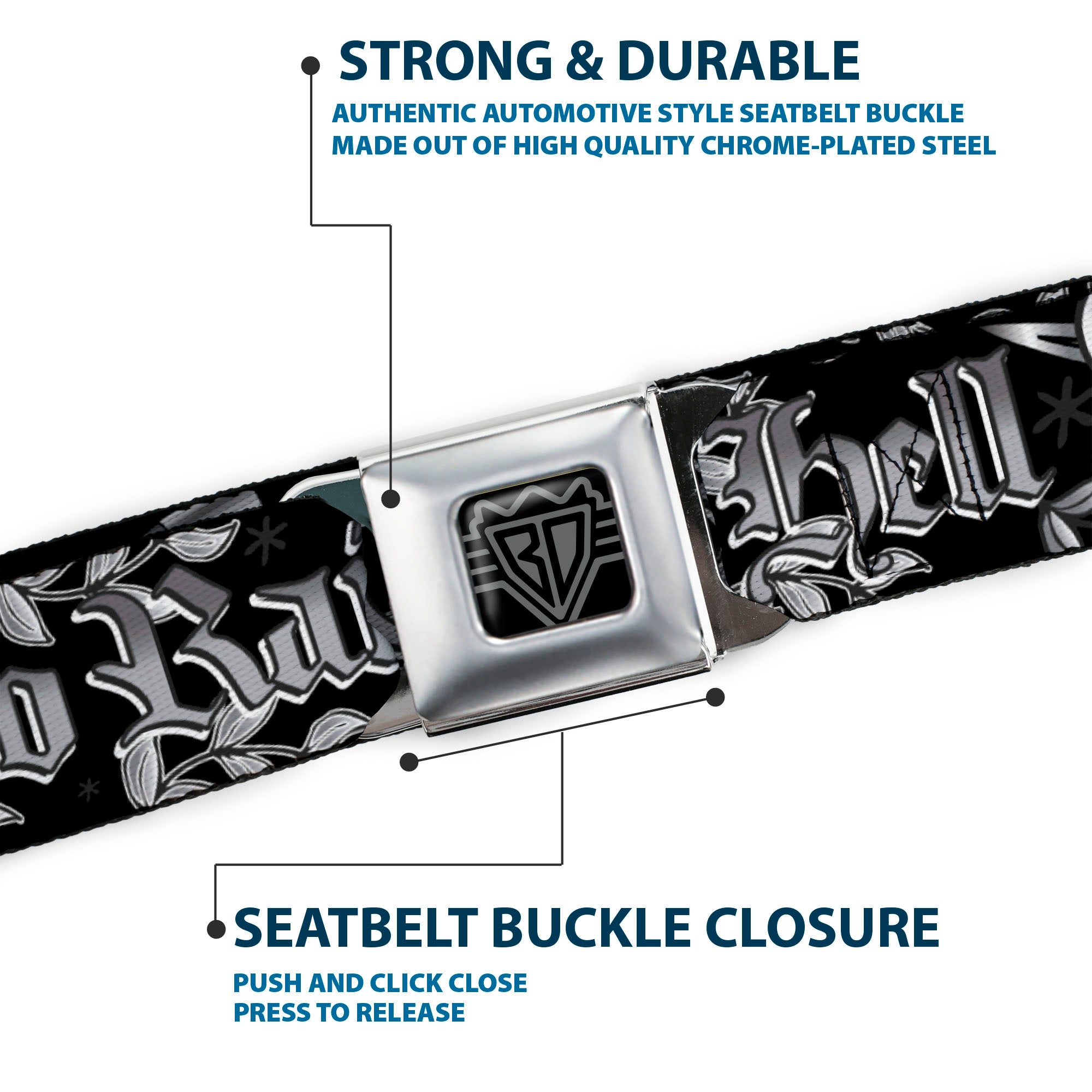 BD Wings Logo CLOSE-UP Full Color Black Silver Seatbelt Belt - Born to Raise Hell Black/White Webbing Seatbelt Belts Buckle-Down
