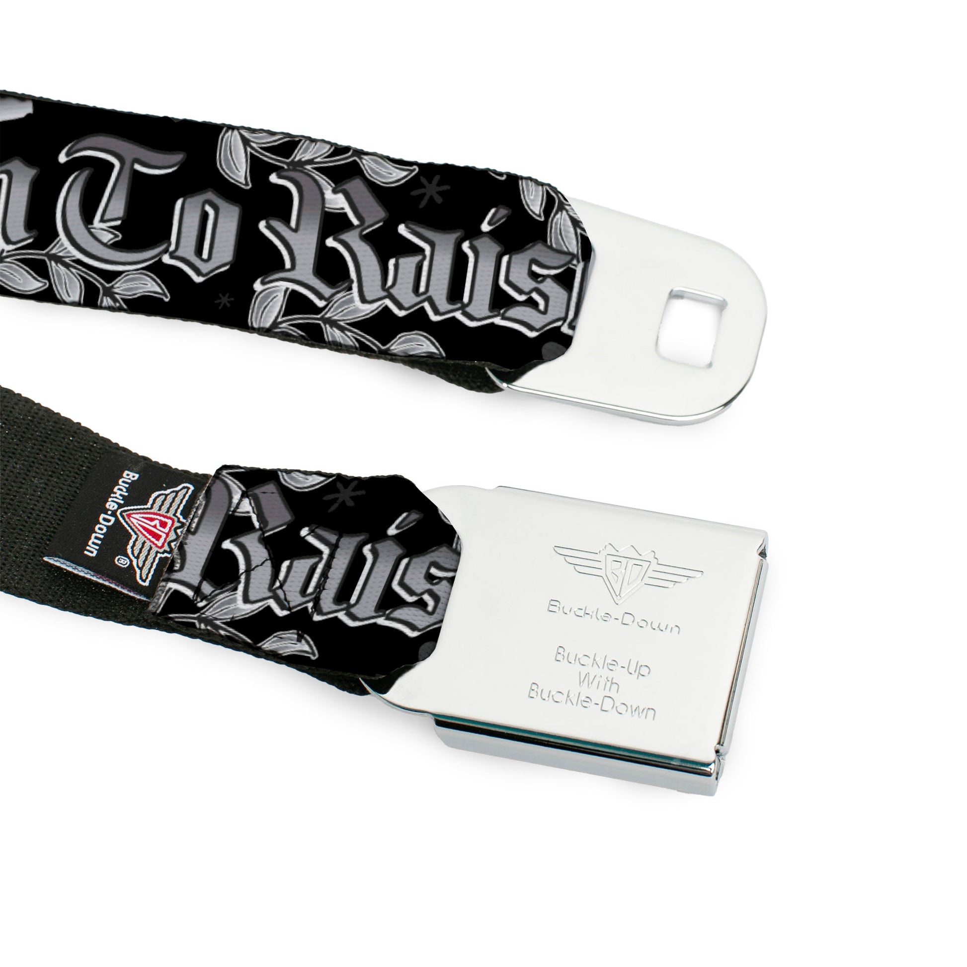 BD Wings Logo CLOSE-UP Full Color Black Silver Seatbelt Belt - Born to Raise Hell Black/White Webbing Seatbelt Belts Buckle-Down
