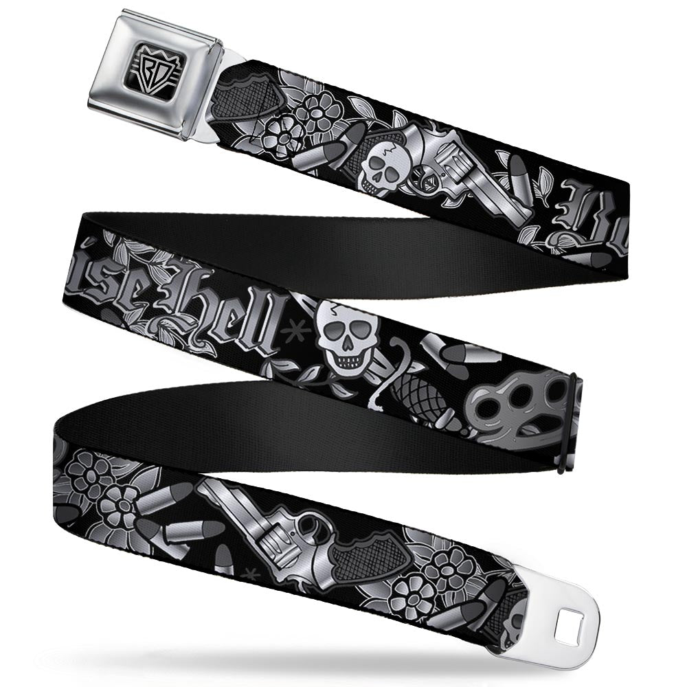 BD Wings Logo CLOSE-UP Full Color Black Silver Seatbelt Belt - Born to Raise Hell Black/White Webbing Seatbelt Belts Buckle-Down