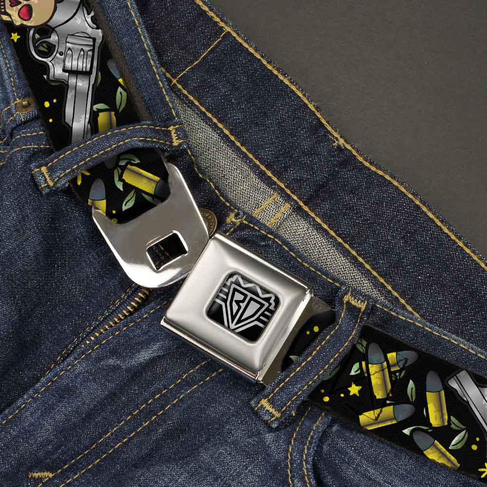 BD Wings Logo CLOSE-UP Full Color Black Silver Seatbelt Belt - Born to Raise Hell CLOSE-UP Black Webbing Seatbelt Belts Buckle-Down