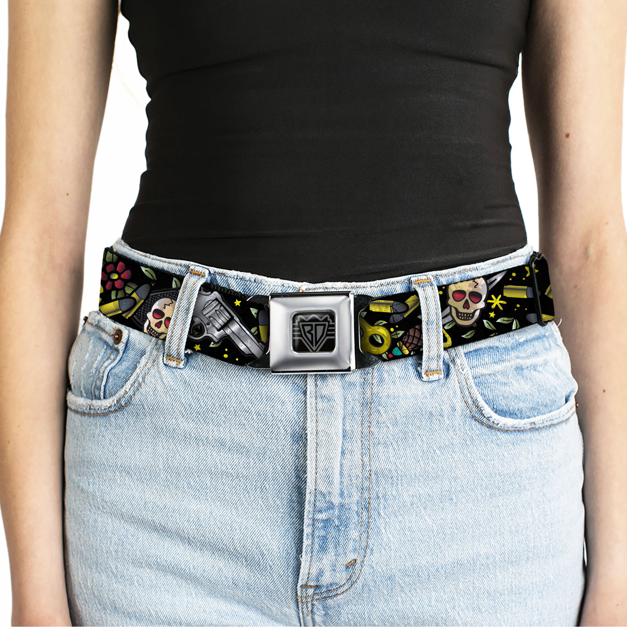 BD Wings Logo CLOSE-UP Full Color Black Silver Seatbelt Belt - Born to Raise Hell CLOSE-UP Black Webbing Seatbelt Belts Buckle-Down