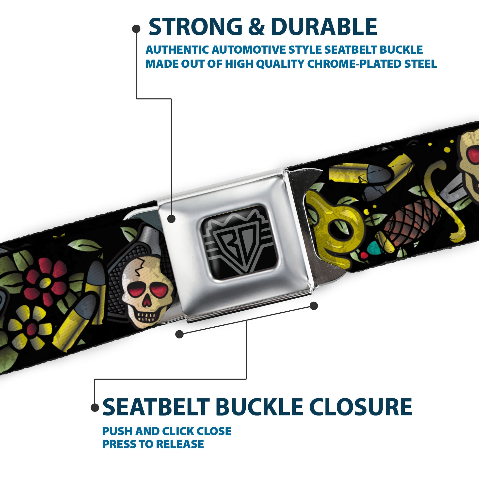 BD Wings Logo CLOSE-UP Full Color Black Silver Seatbelt Belt - Born to Raise Hell CLOSE-UP Black Webbing Seatbelt Belts Buckle-Down