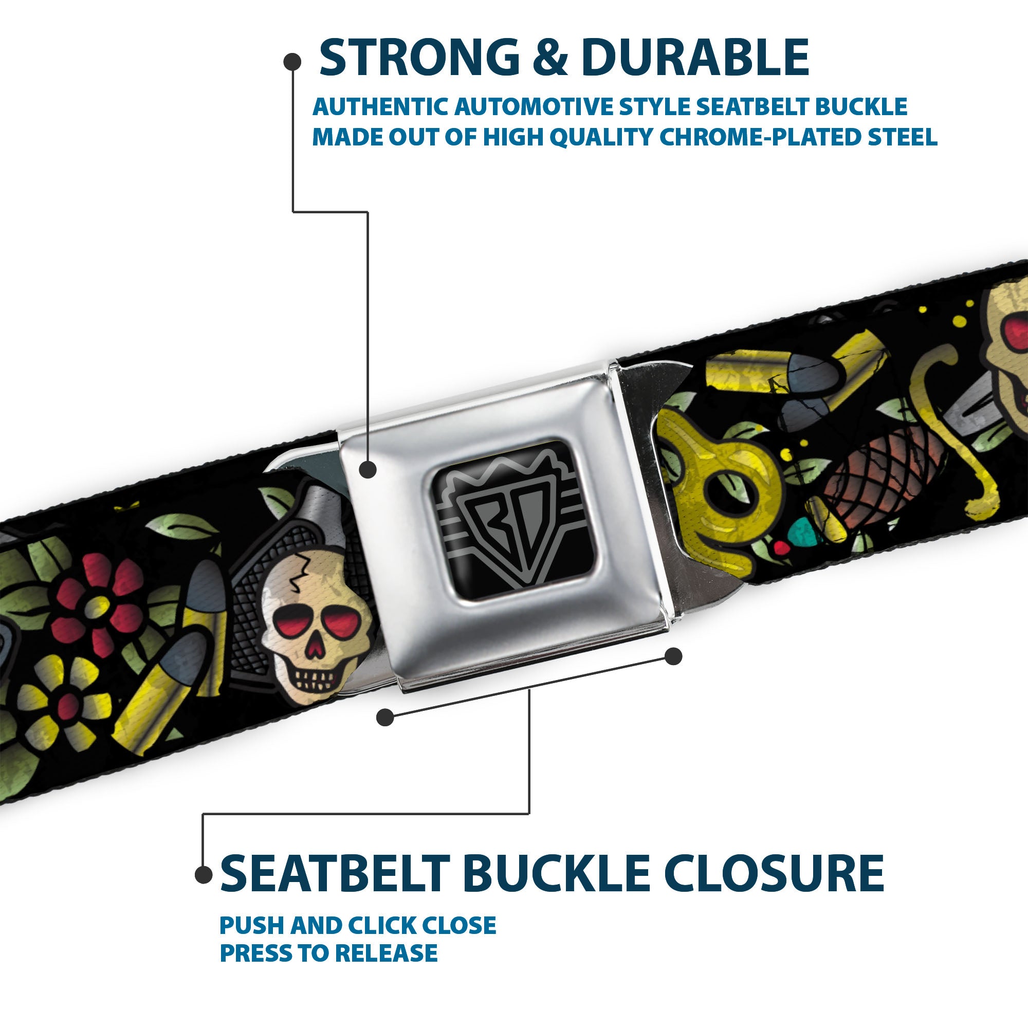 BD Wings Logo CLOSE-UP Full Color Black Silver Seatbelt Belt - Born to Raise Hell CLOSE-UP Black Webbing Seatbelt Belts Buckle-Down
