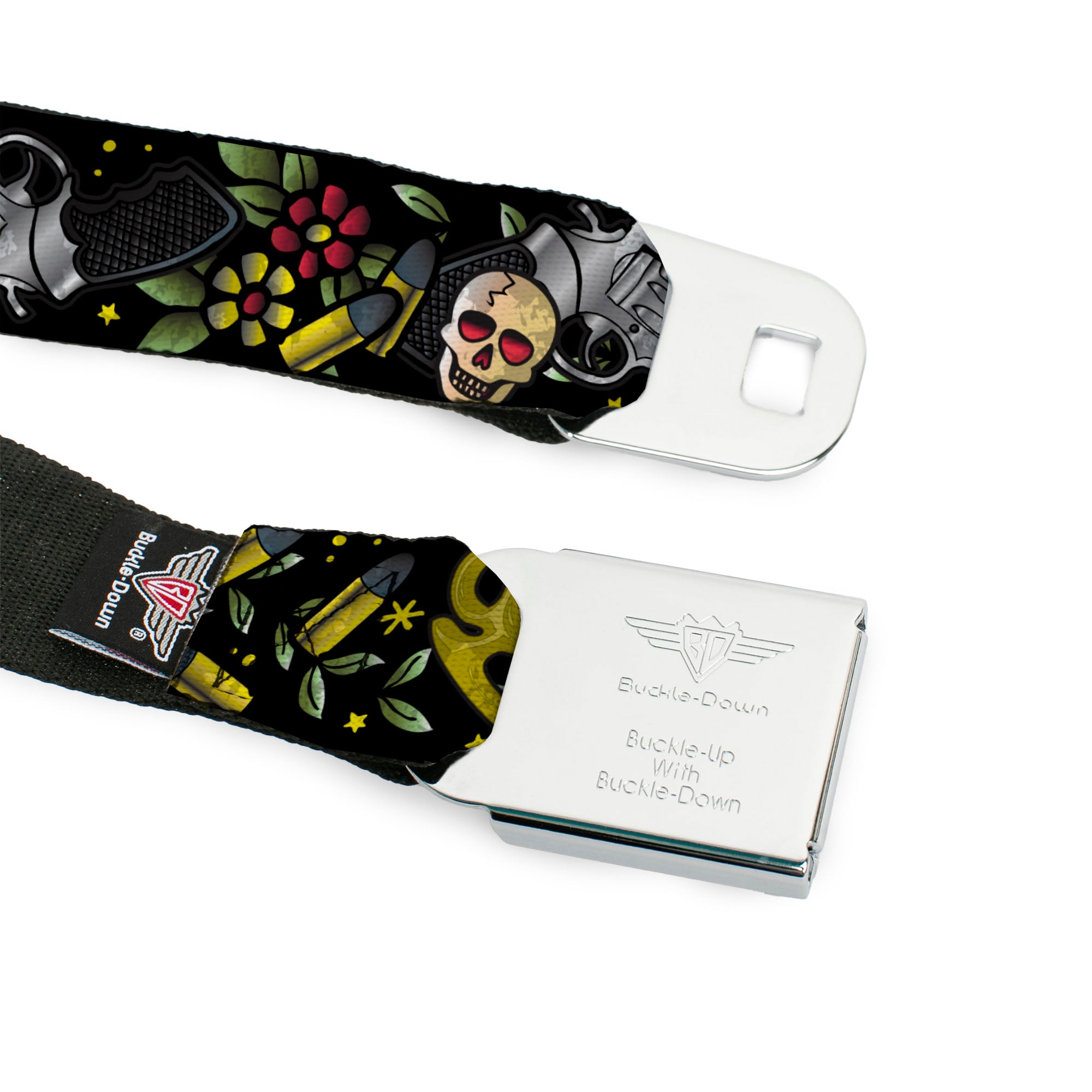 BD Wings Logo CLOSE-UP Full Color Black Silver Seatbelt Belt - Born to Raise Hell CLOSE-UP Black Webbing Seatbelt Belts Buckle-Down