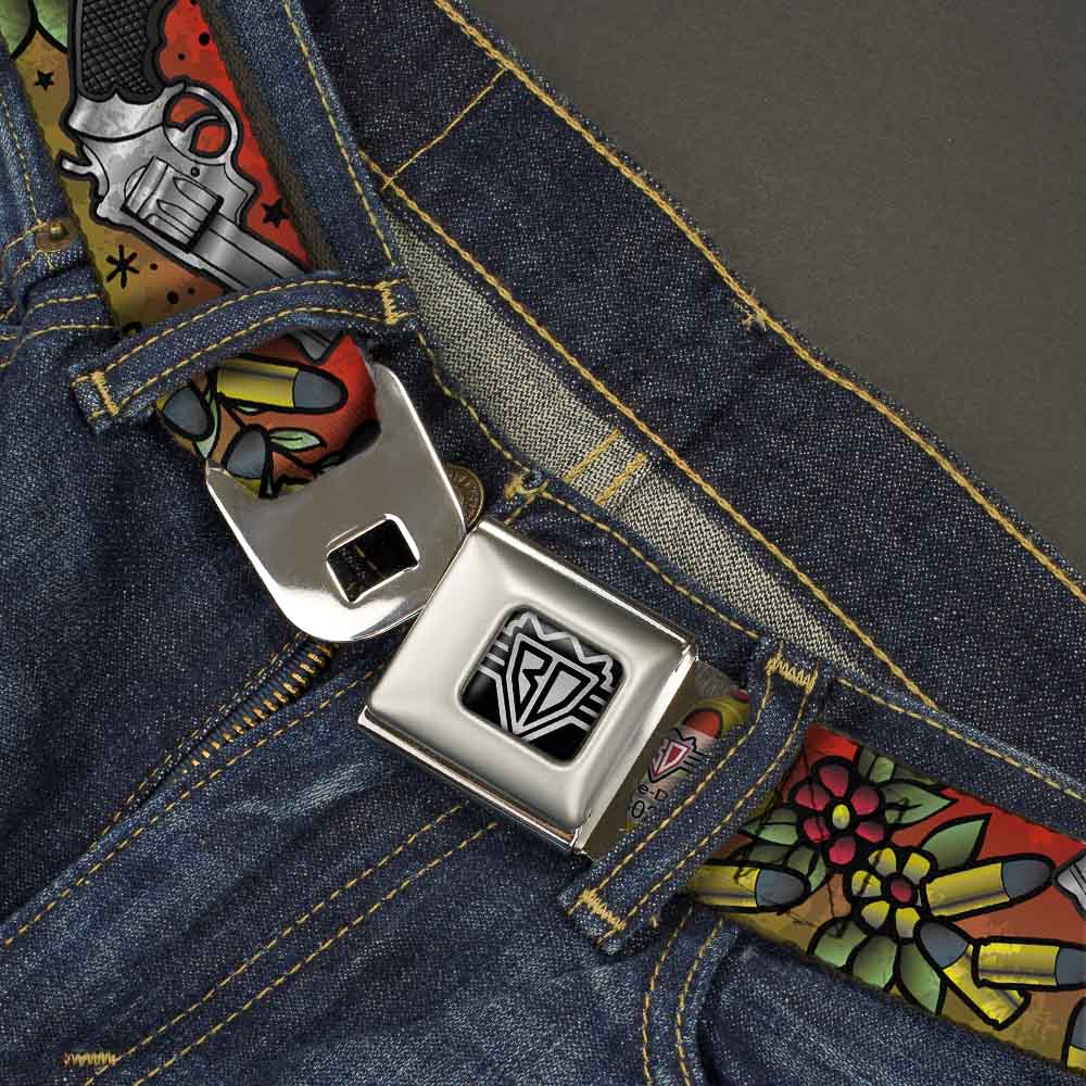BD Wings Logo CLOSE-UP Full Color Black Silver Seatbelt Belt - Born to Raise Hell CLOSE-UP Red Webbing Seatbelt Belts Buckle-Down