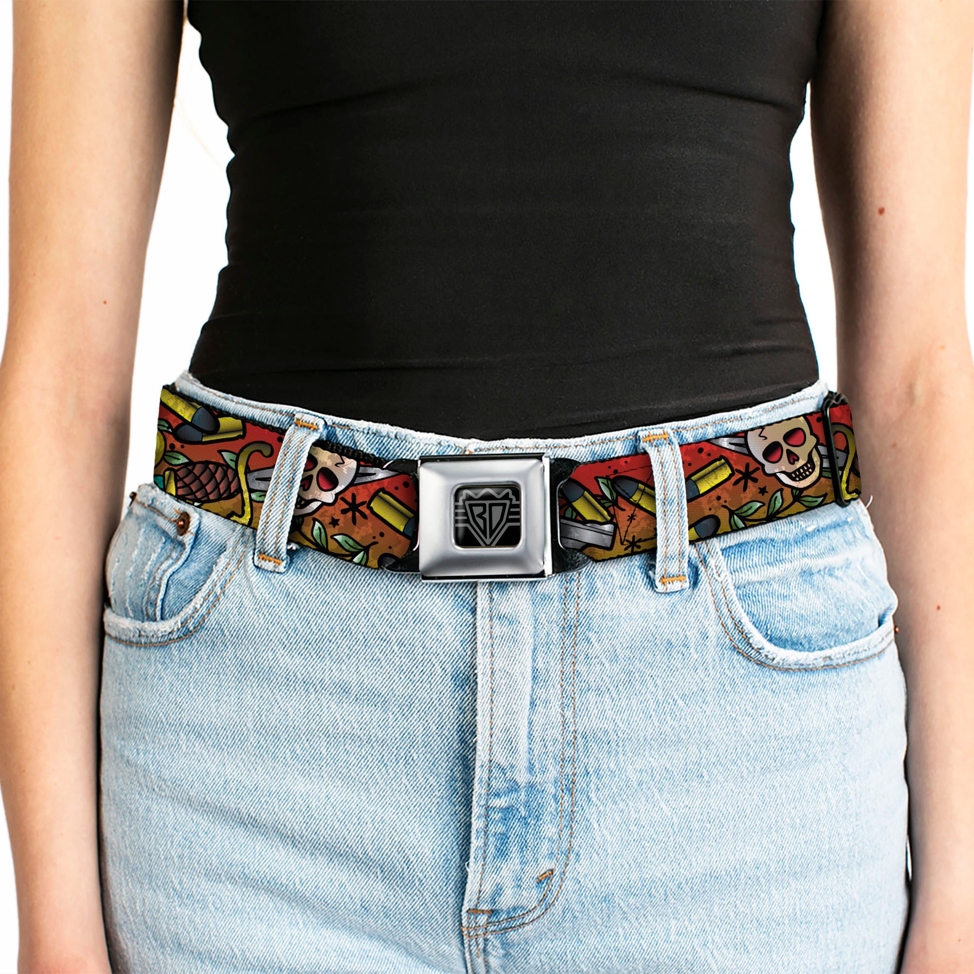 BD Wings Logo CLOSE-UP Full Color Black Silver Seatbelt Belt - Born to Raise Hell CLOSE-UP Red Webbing Seatbelt Belts Buckle-Down