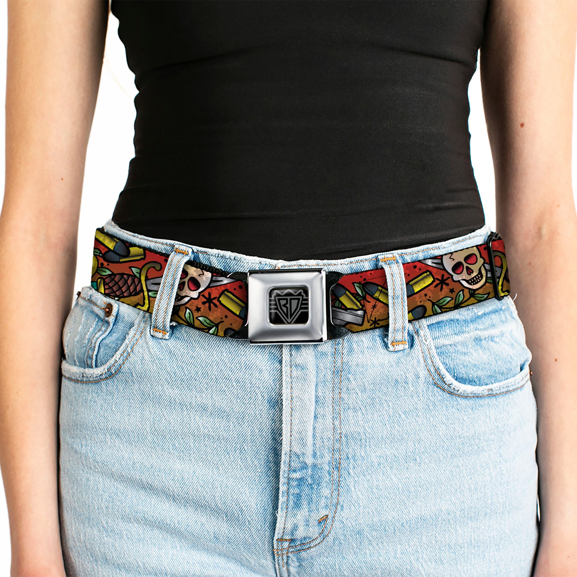BD Wings Logo CLOSE-UP Full Color Black Silver Seatbelt Belt - Born to Raise Hell CLOSE-UP Red Webbing Seatbelt Belts Buckle-Down