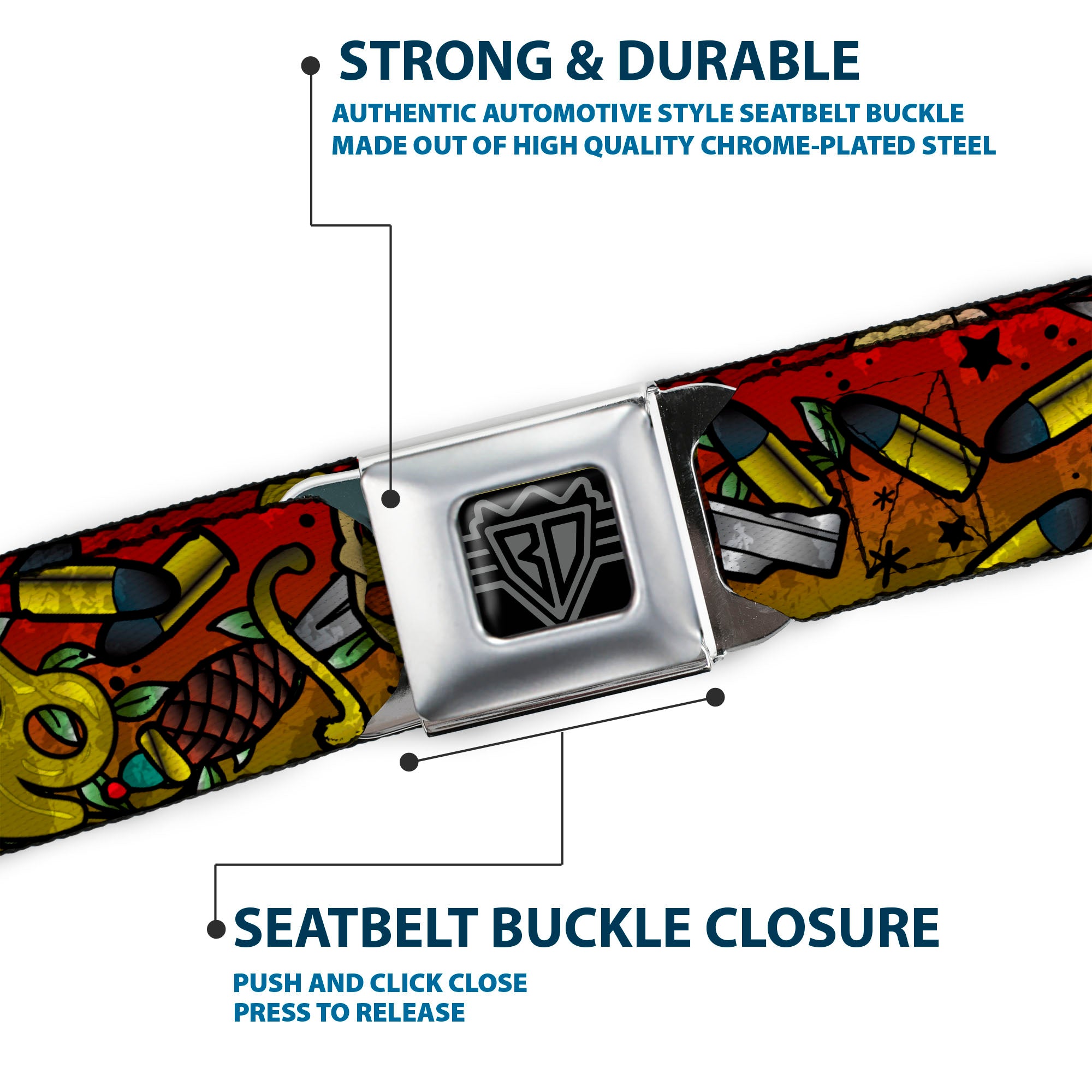 BD Wings Logo CLOSE-UP Full Color Black Silver Seatbelt Belt - Born to Raise Hell CLOSE-UP Red Webbing Seatbelt Belts Buckle-Down