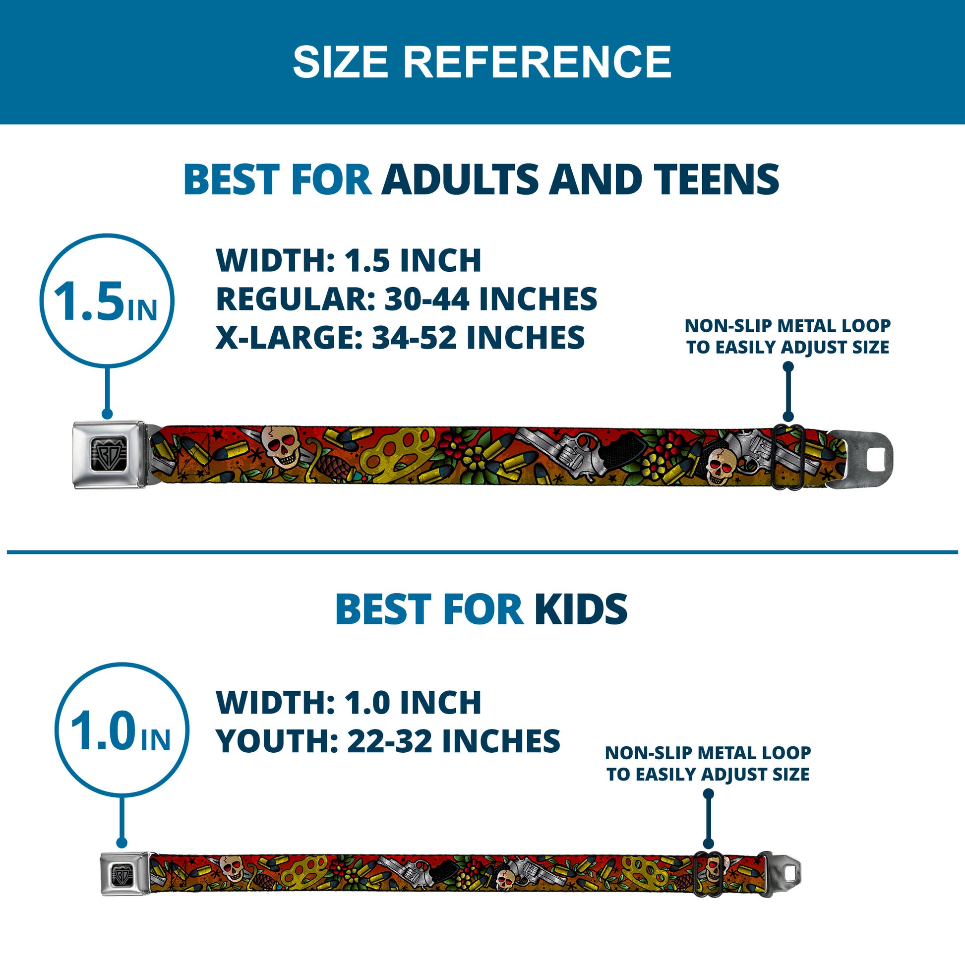 BD Wings Logo CLOSE-UP Full Color Black Silver Seatbelt Belt - Born to Raise Hell CLOSE-UP Red Webbing Seatbelt Belts Buckle-Down