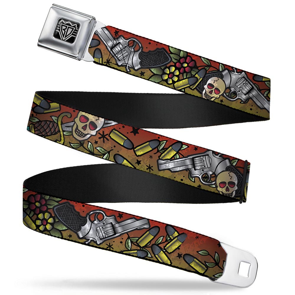 BD Wings Logo CLOSE-UP Full Color Black Silver Seatbelt Belt - Born to Raise Hell CLOSE-UP Red Webbing Seatbelt Belts Buckle-Down