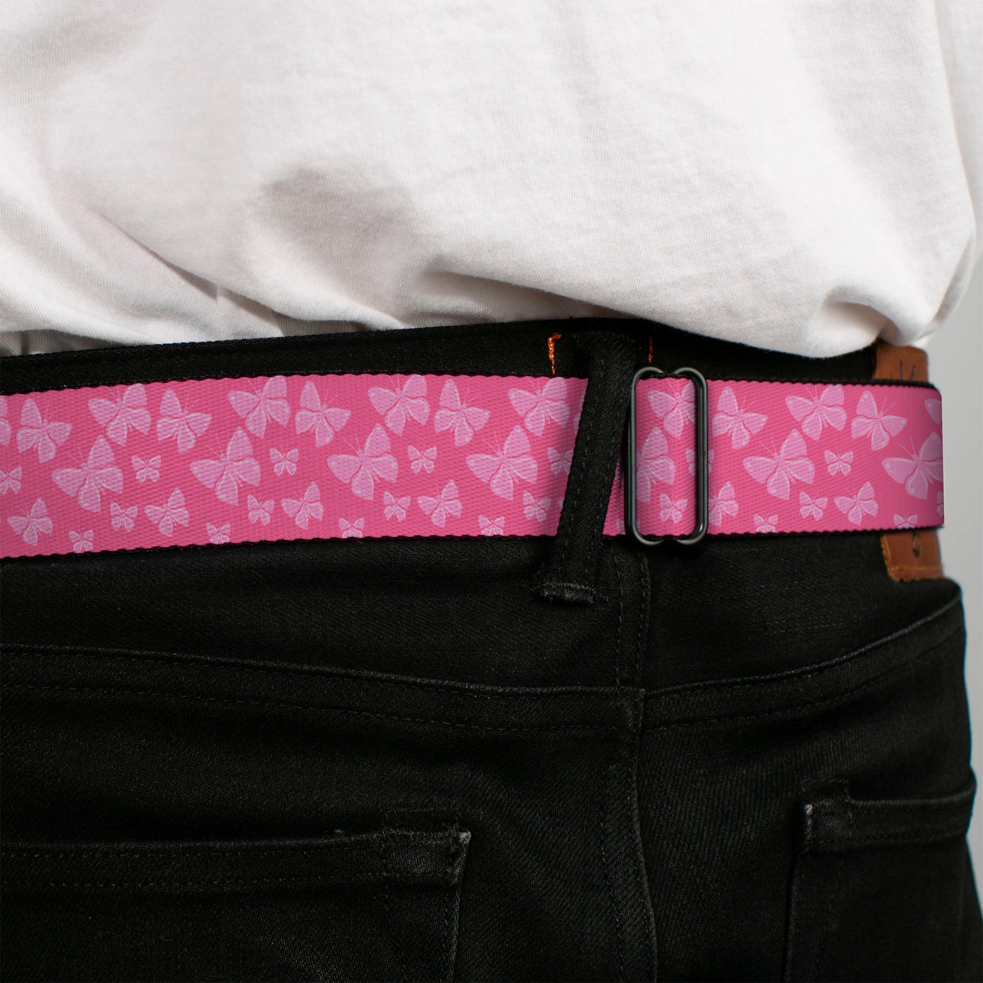 BD Wings Logo CLOSE-UP Full Color Black Silver Seatbelt Belt - Butterflies Pink Webbing Seatbelt Belts Buckle-Down