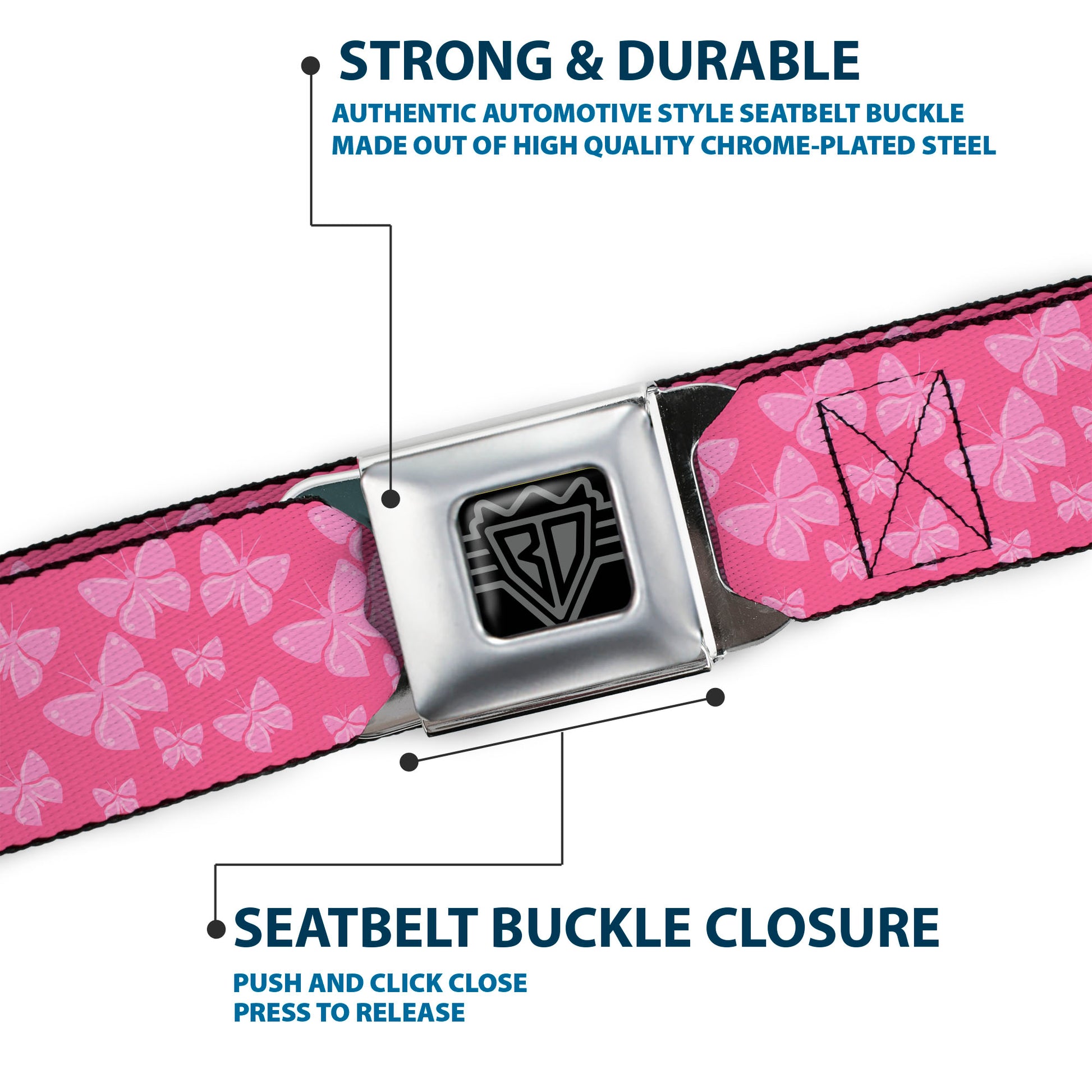 BD Wings Logo CLOSE-UP Full Color Black Silver Seatbelt Belt - Butterflies Pink Webbing Seatbelt Belts Buckle-Down