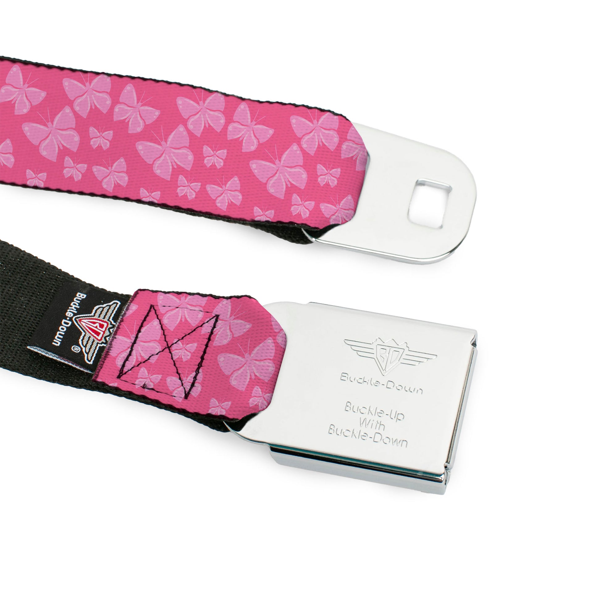 BD Wings Logo CLOSE-UP Full Color Black Silver Seatbelt Belt - Butterflies Pink Webbing Seatbelt Belts Buckle-Down