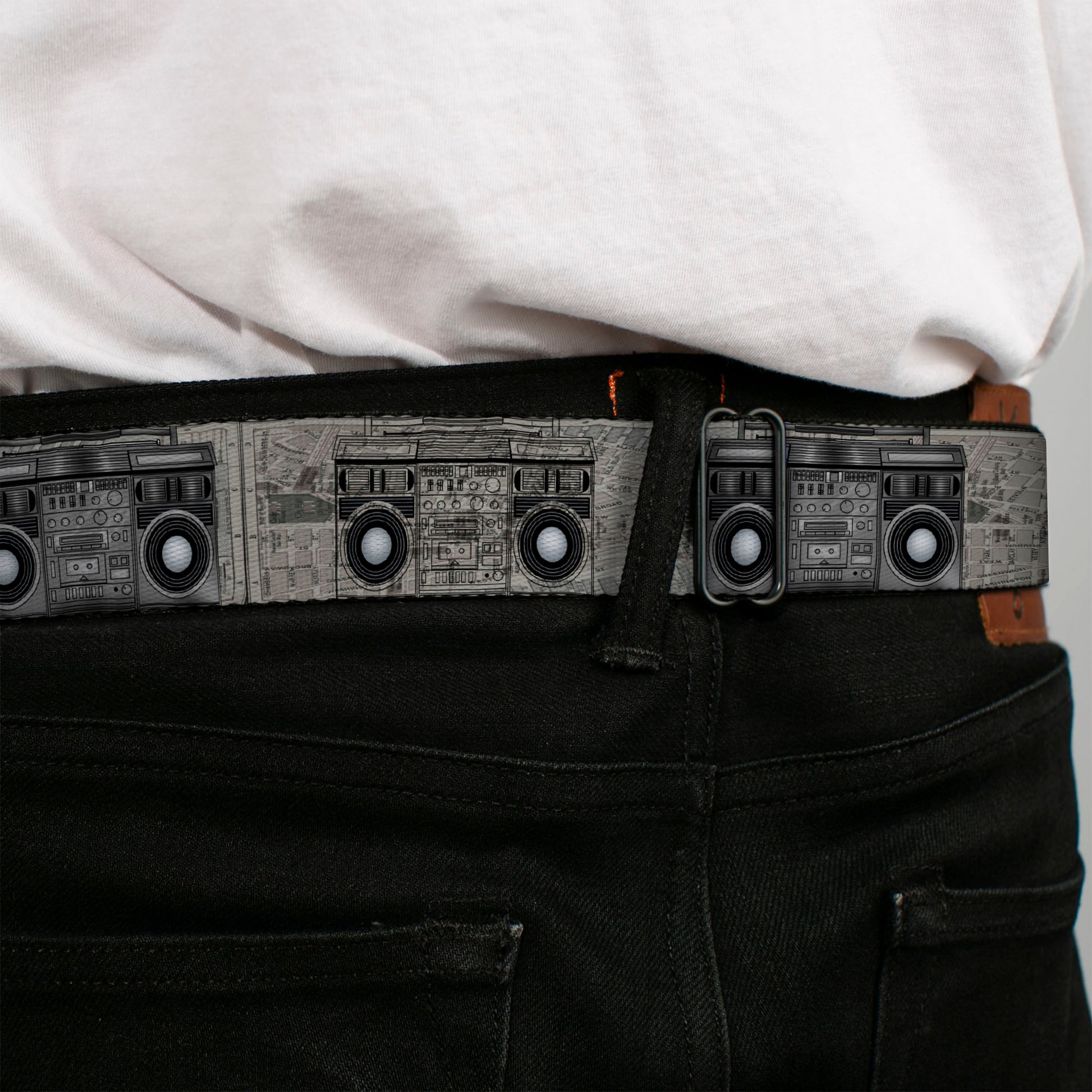 BD Wings Logo CLOSE-UP Full Color Black Silver Seatbelt Belt - Boombox Webbing Seatbelt Belts Buckle-Down