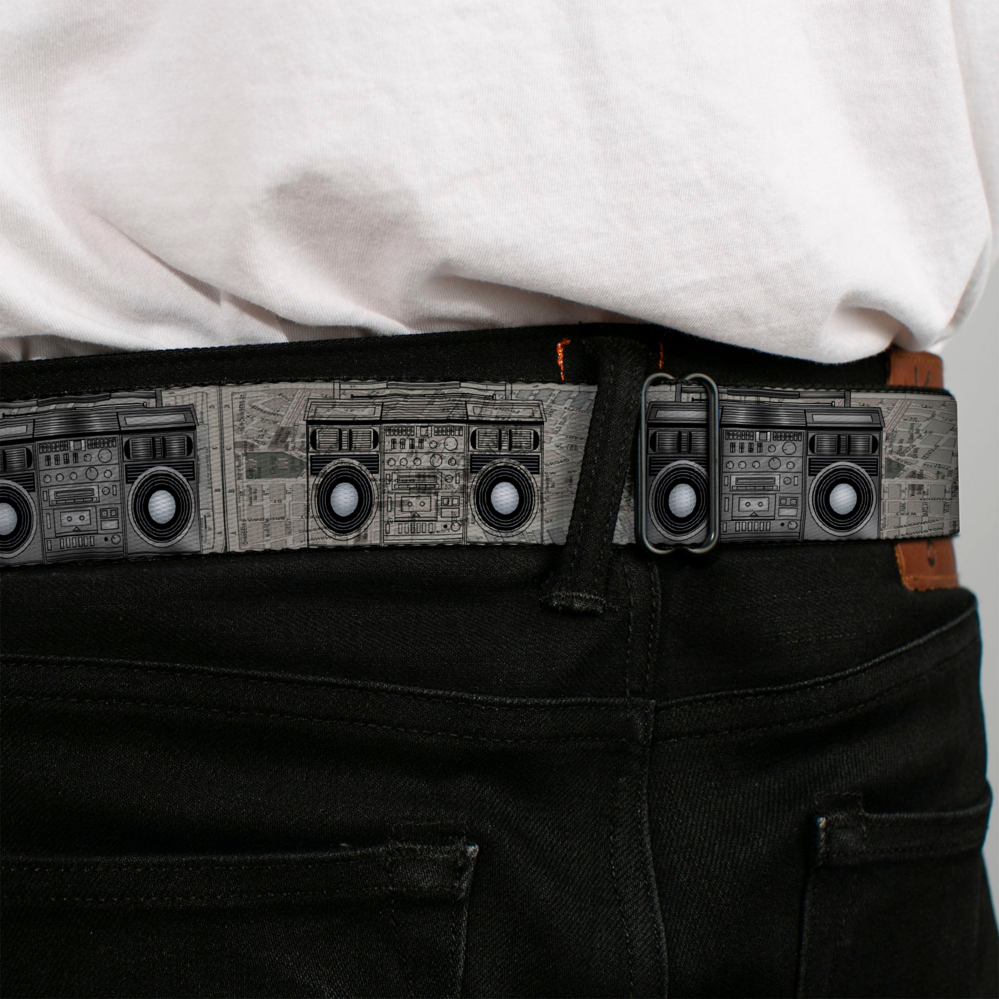 BD Wings Logo CLOSE-UP Full Color Black Silver Seatbelt Belt - Boombox Webbing Seatbelt Belts Buckle-Down