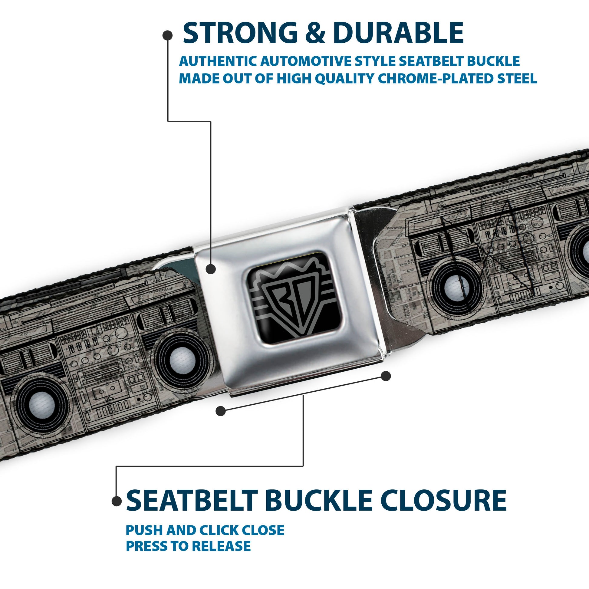 BD Wings Logo CLOSE-UP Full Color Black Silver Seatbelt Belt - Boombox Webbing Seatbelt Belts Buckle-Down