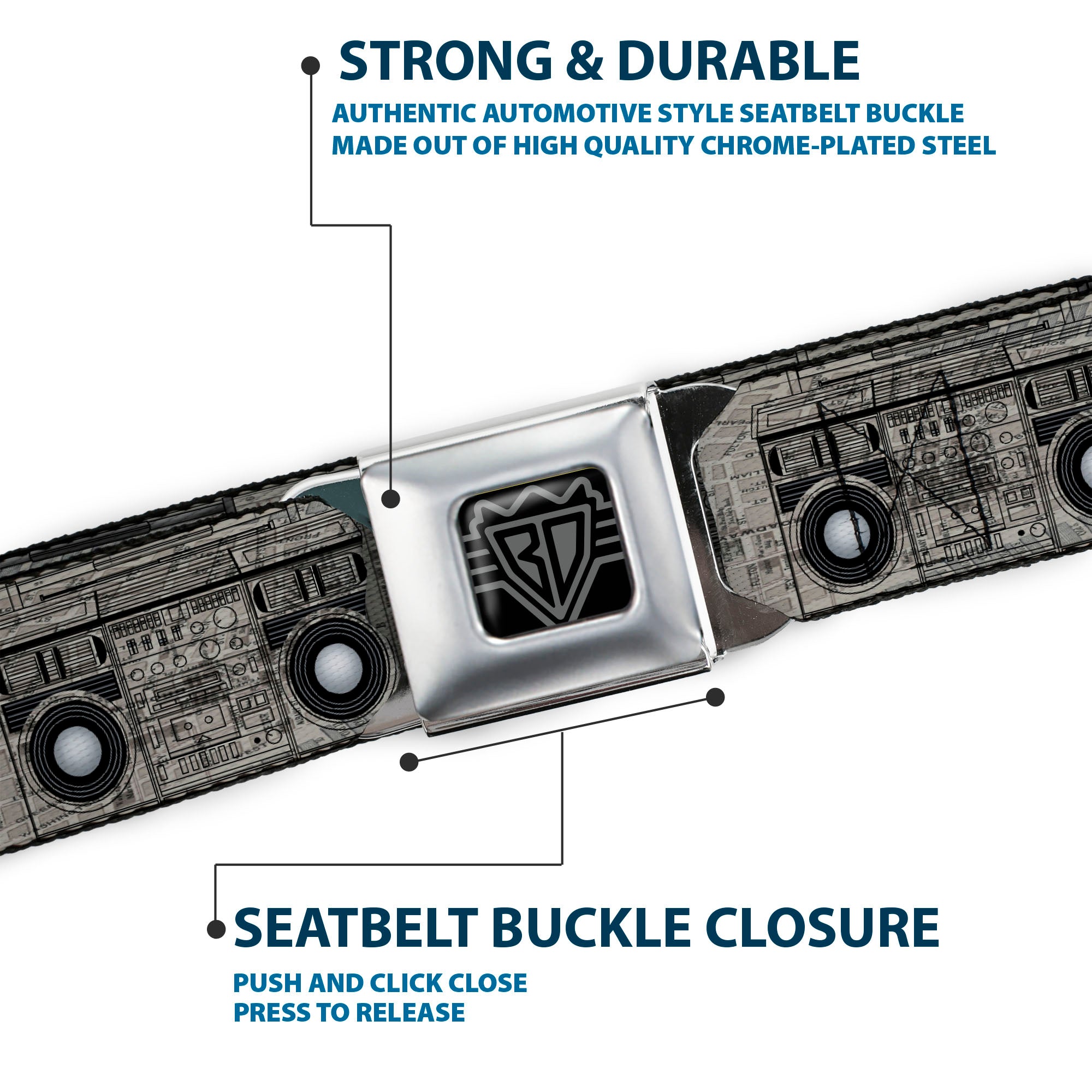 BD Wings Logo CLOSE-UP Full Color Black Silver Seatbelt Belt - Boombox Webbing Seatbelt Belts Buckle-Down