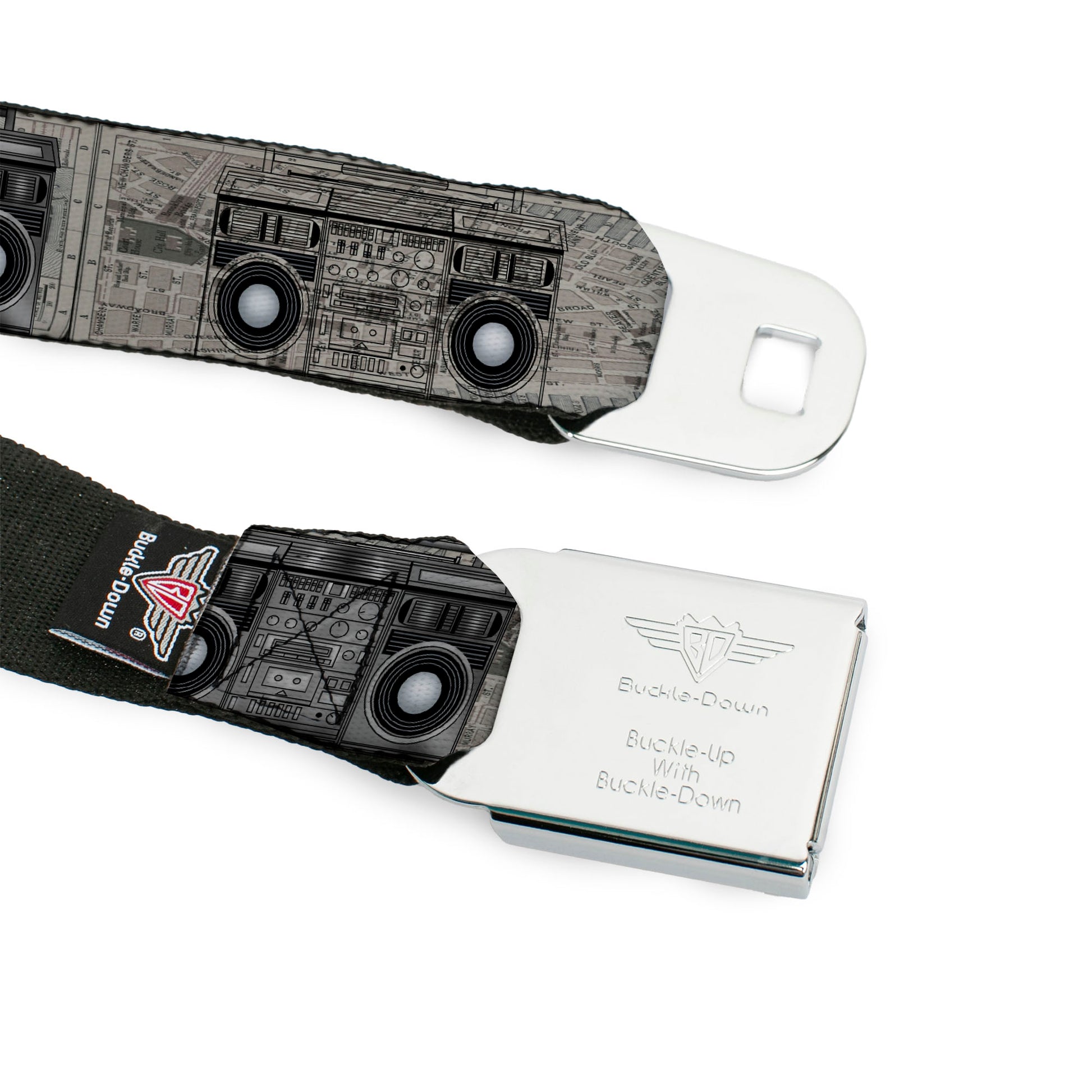 BD Wings Logo CLOSE-UP Full Color Black Silver Seatbelt Belt - Boombox Webbing Seatbelt Belts Buckle-Down