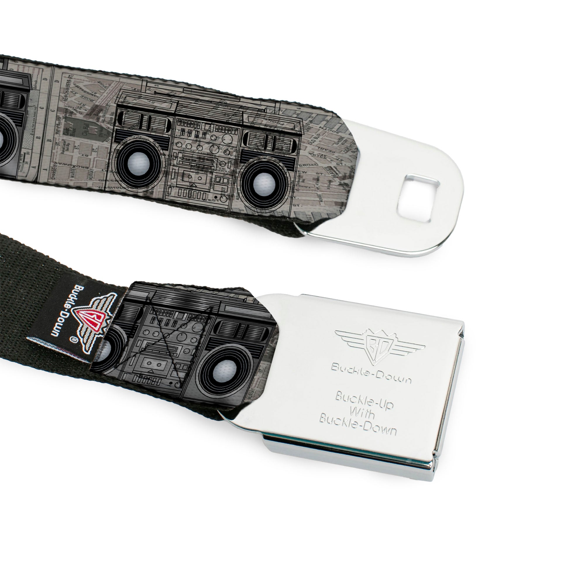 BD Wings Logo CLOSE-UP Full Color Black Silver Seatbelt Belt - Boombox Webbing Seatbelt Belts Buckle-Down