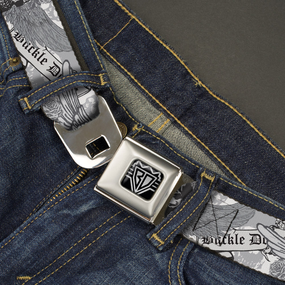 BD Wings Logo CLOSE-UP Full Color Black Silver Seatbelt Belt - BD Skull w/Roses Webbing Seatbelt Belts Buckle-Down
