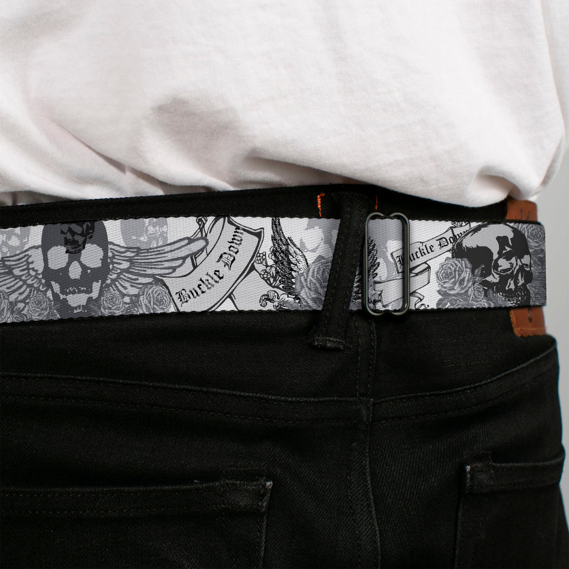 BD Wings Logo CLOSE-UP Full Color Black Silver Seatbelt Belt - BD Skull w/Roses Webbing Seatbelt Belts Buckle-Down