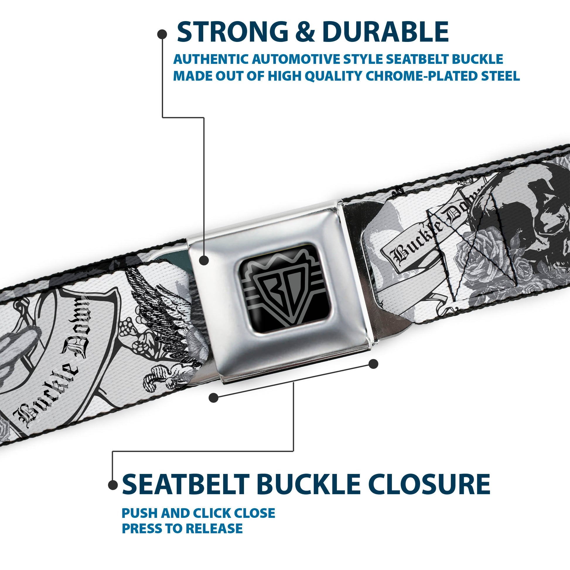 BD Wings Logo CLOSE-UP Full Color Black Silver Seatbelt Belt - BD Skull w/Roses Webbing Seatbelt Belts Buckle-Down