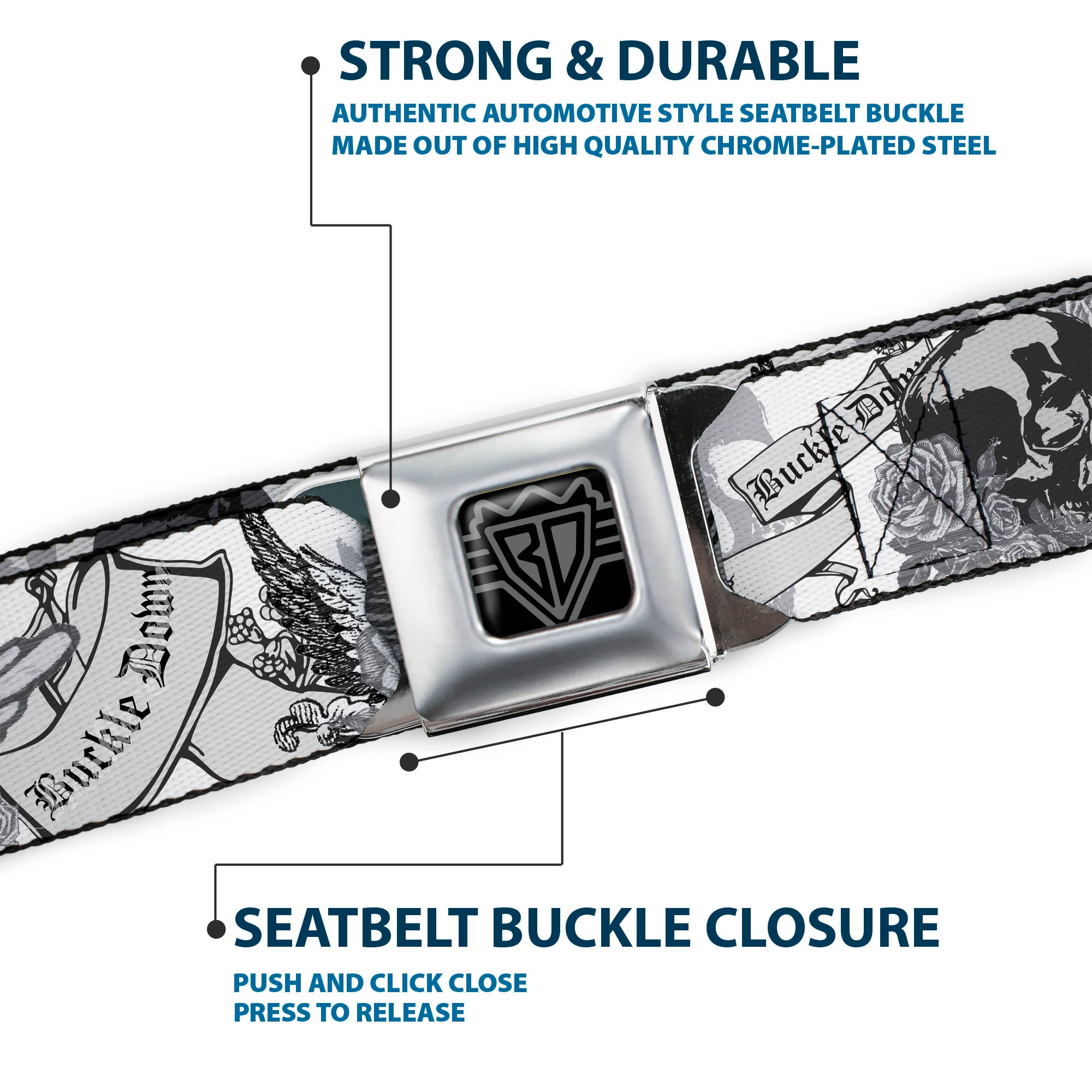 BD Wings Logo CLOSE-UP Full Color Black Silver Seatbelt Belt - BD Skull w/Roses Webbing Seatbelt Belts Buckle-Down