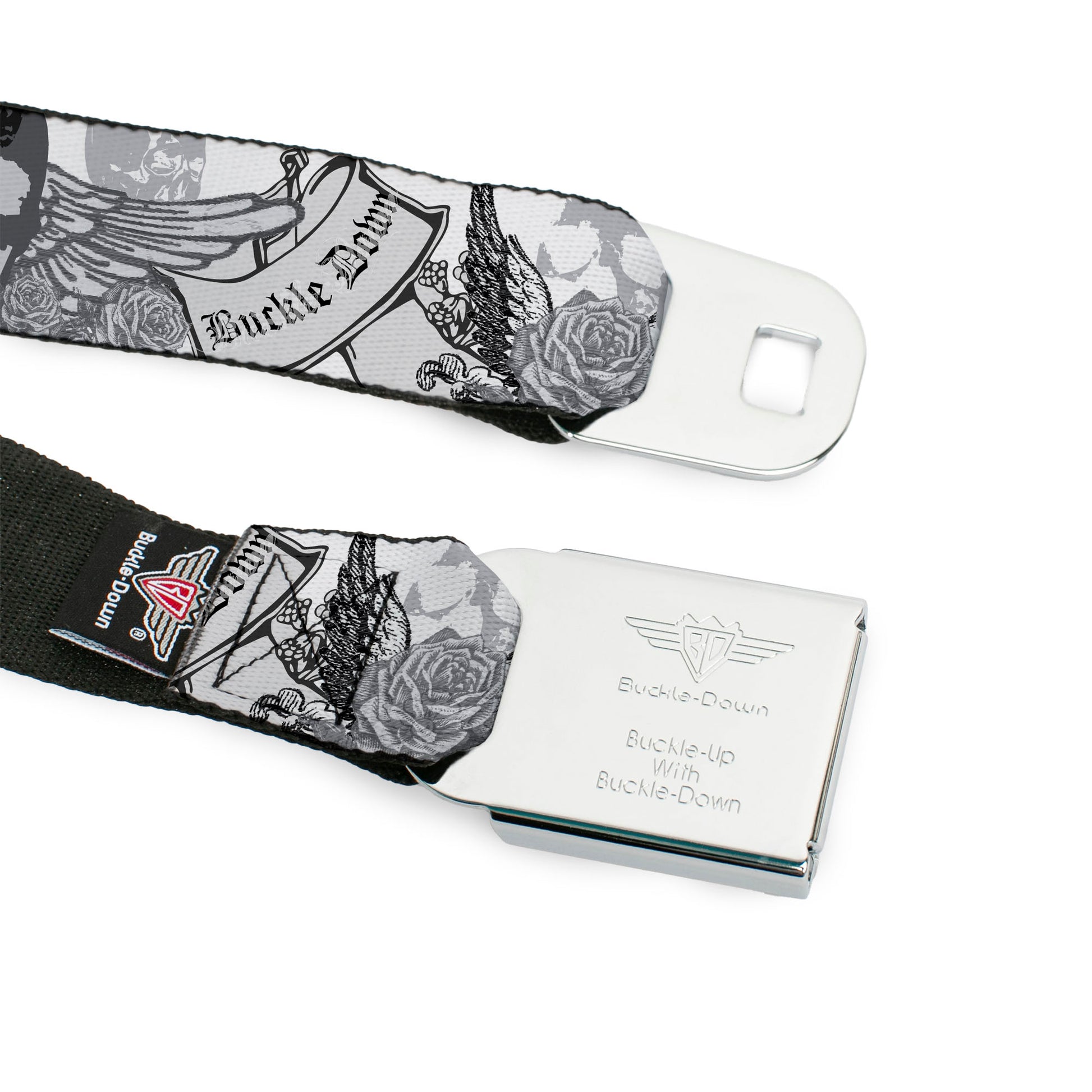 BD Wings Logo CLOSE-UP Full Color Black Silver Seatbelt Belt - BD Skull w/Roses Webbing Seatbelt Belts Buckle-Down