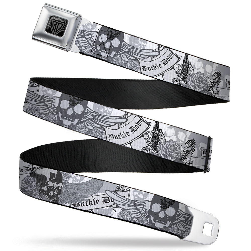 BD Wings Logo CLOSE-UP Full Color Black Silver Seatbelt Belt - BD Skull w/Roses Webbing Seatbelt Belts Buckle-Down
