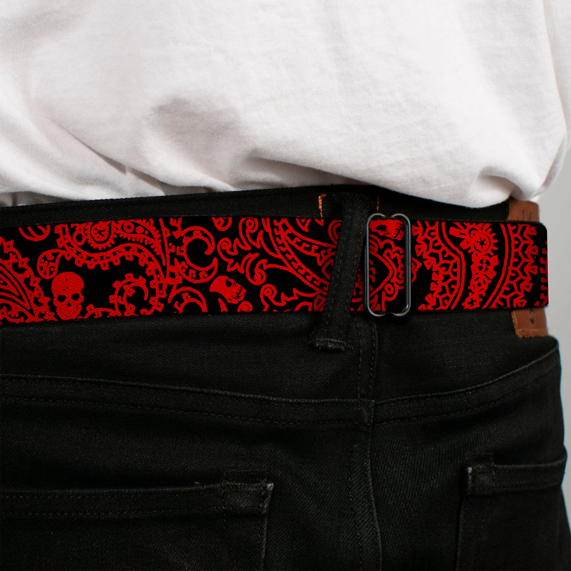BD Wings Logo CLOSE-UP Full Color Black Silver Seatbelt Belt - Bandana/Skulls Black/Red Webbing Seatbelt Belts Buckle-Down