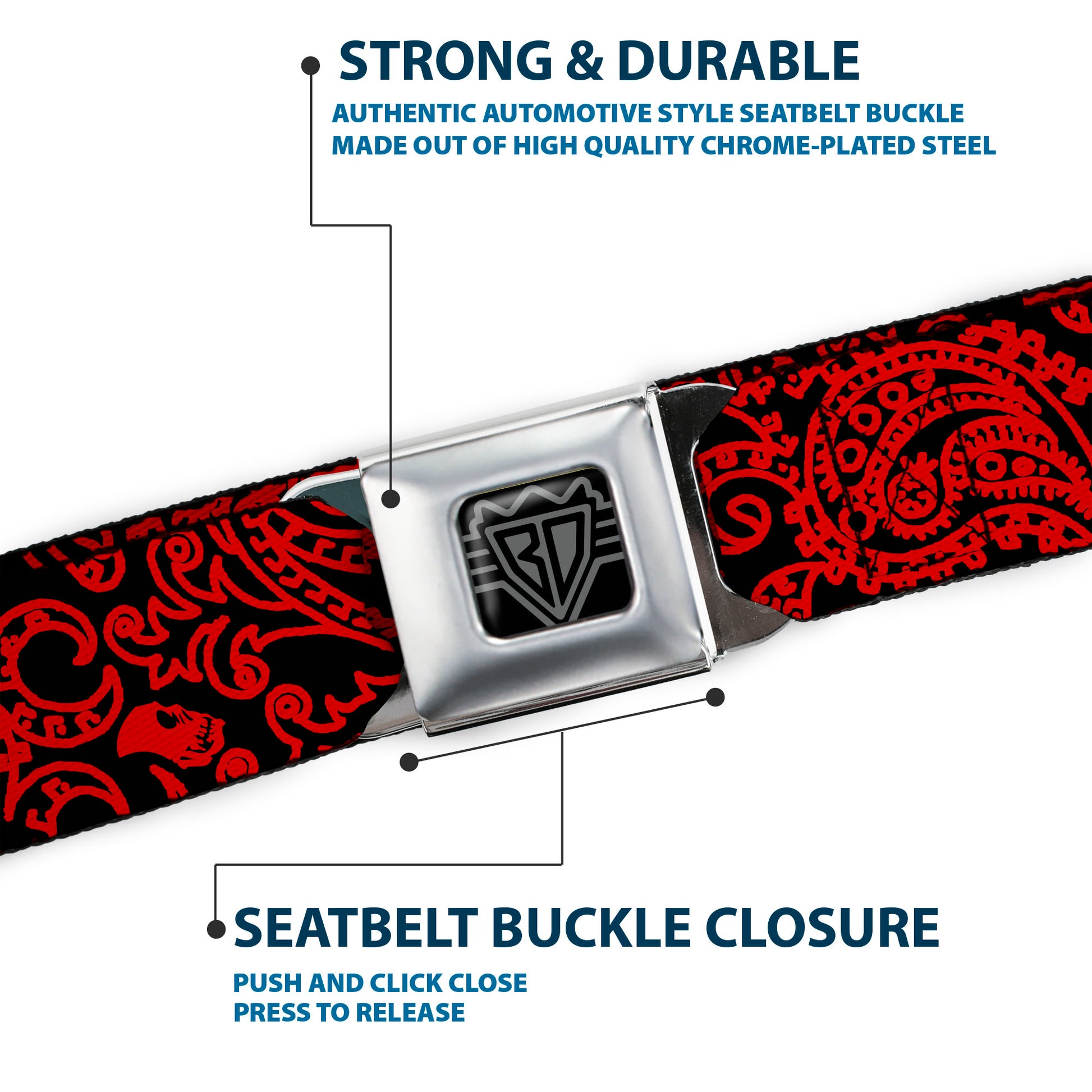 BD Wings Logo CLOSE-UP Full Color Black Silver Seatbelt Belt - Bandana/Skulls Black/Red Webbing Seatbelt Belts Buckle-Down