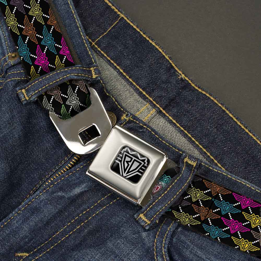 BD Wings Logo CLOSE-UP Full Color Black Silver Seatbelt Belt - BD Monogram Black/Multi Neon Webbing Seatbelt Belts Buckle-Down