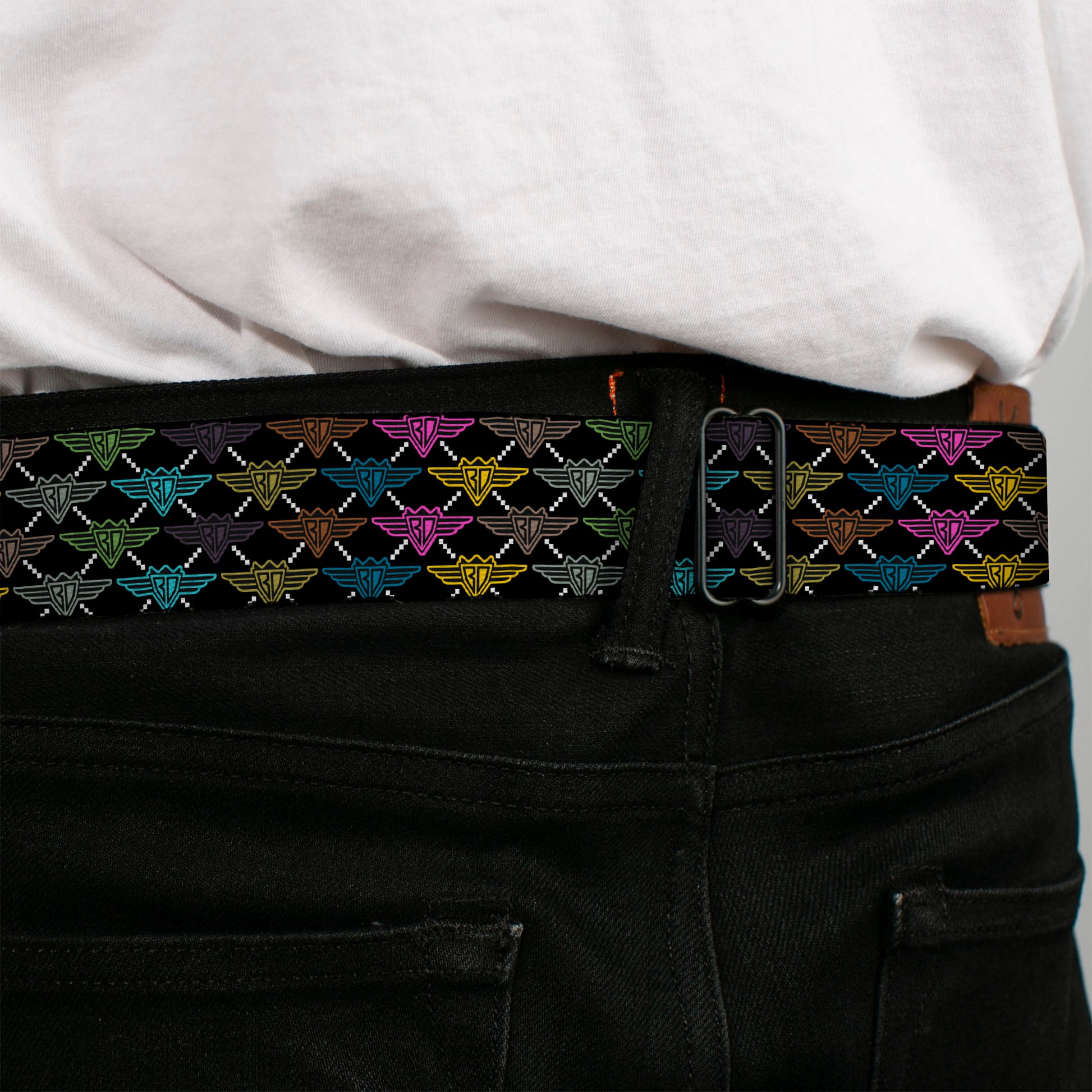 BD Wings Logo CLOSE-UP Full Color Black Silver Seatbelt Belt - BD Monogram Black/Multi Neon Webbing Seatbelt Belts Buckle-Down