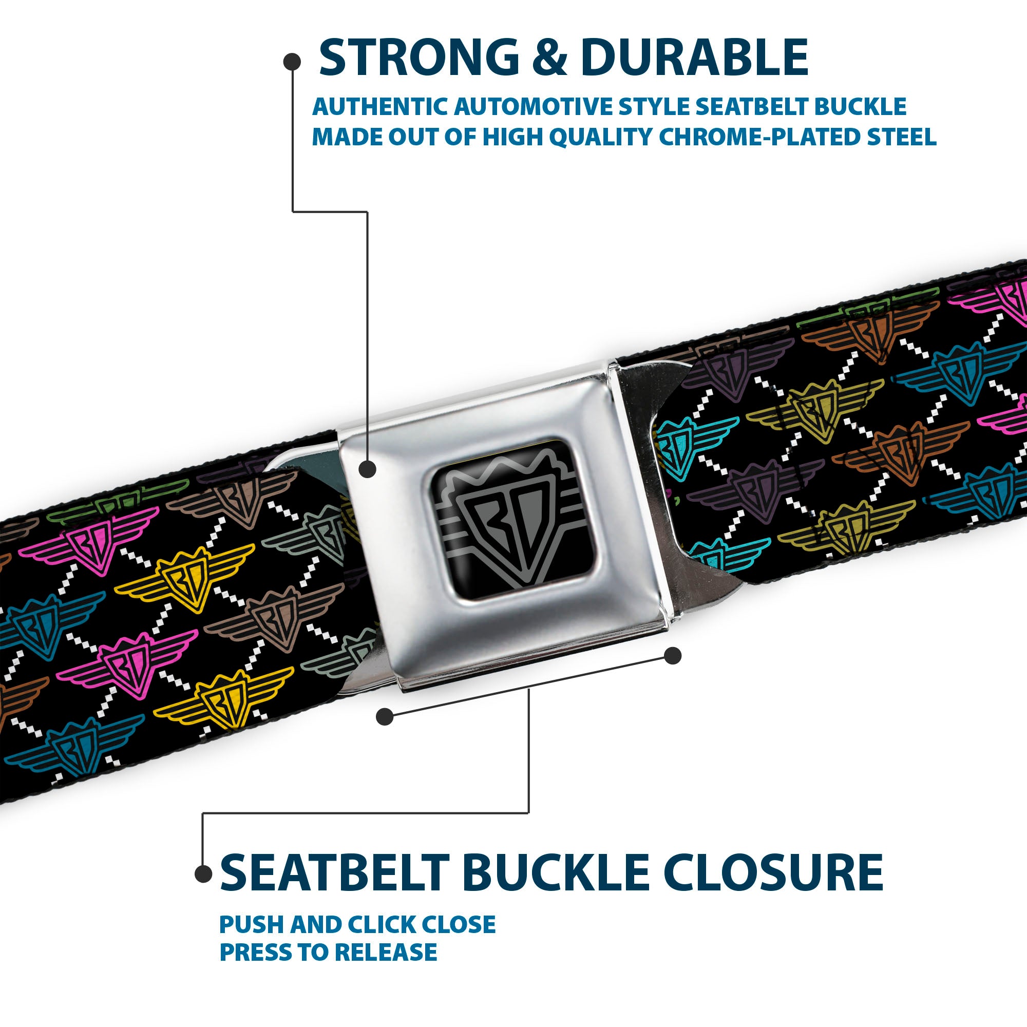 BD Wings Logo CLOSE-UP Full Color Black Silver Seatbelt Belt - BD Monogram Black/Multi Neon Webbing Seatbelt Belts Buckle-Down